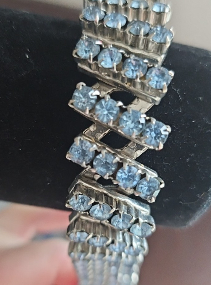 Expanding Blue Rhinestone Bracelet Heavy 4 Rows Across Stainless