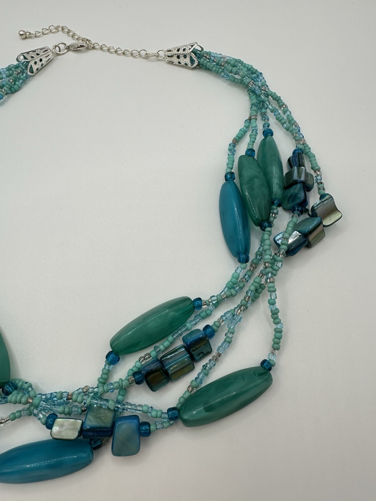 Multi Strand Necklace with Aqua Blue Dyed Abalone Shell & Acrylic Beads 18″-20″