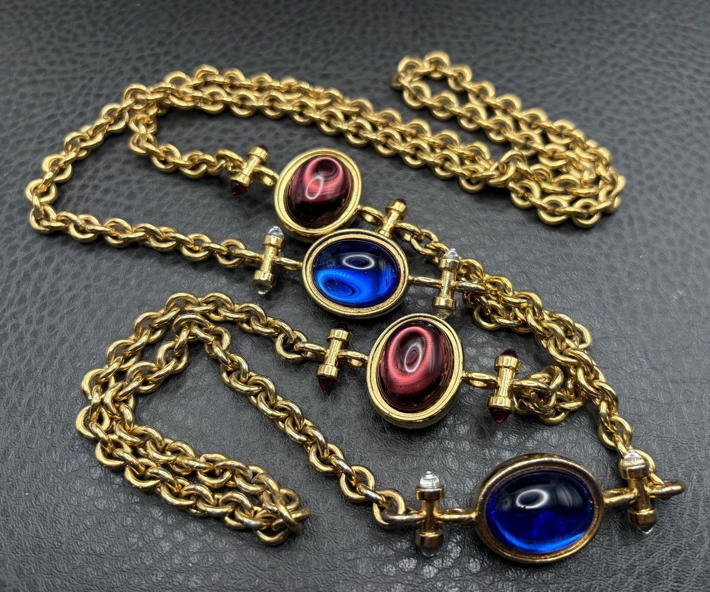Vintage 80s Monet Gold Tone Gripoix Style Necklace Blue Purple Cabochon Station