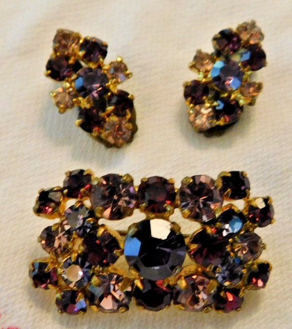 Vintage Austria Purple Crystal Rhinestone Pin and Earrings Set