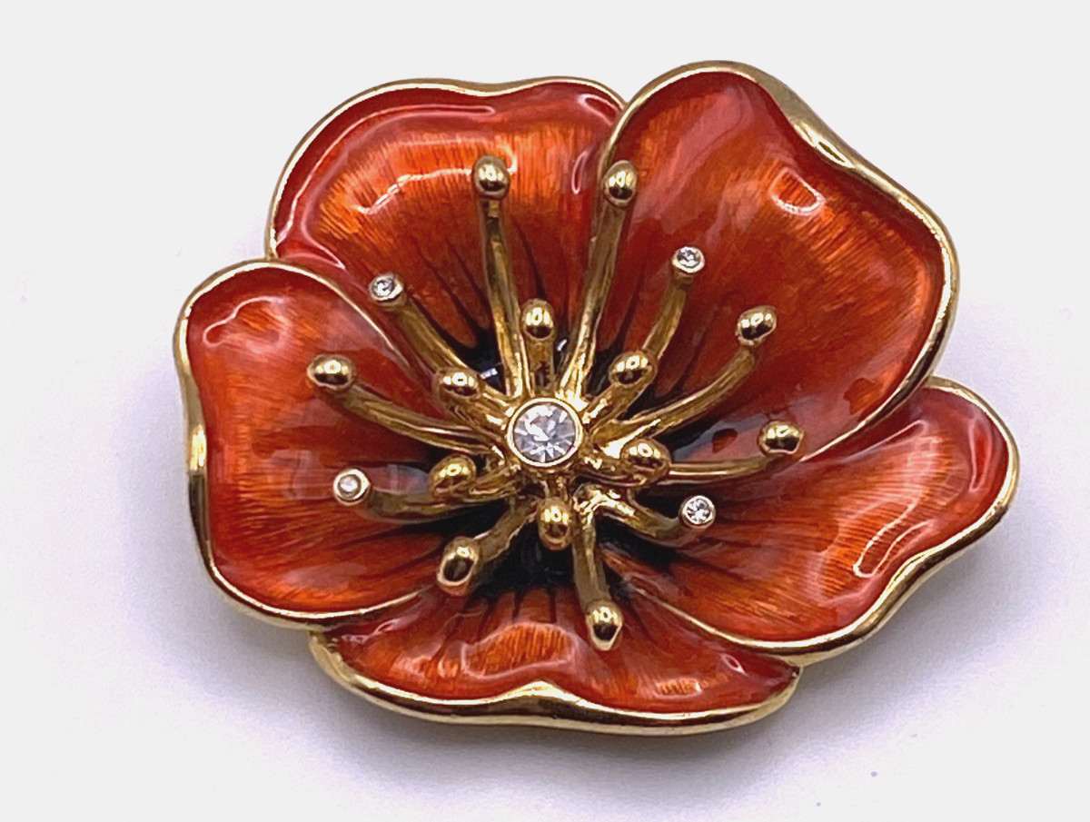 Vintage Monet Poppy Brooch: Red Brooch, Enamel w/ Rhinestones, Gold-Tone EUC,
