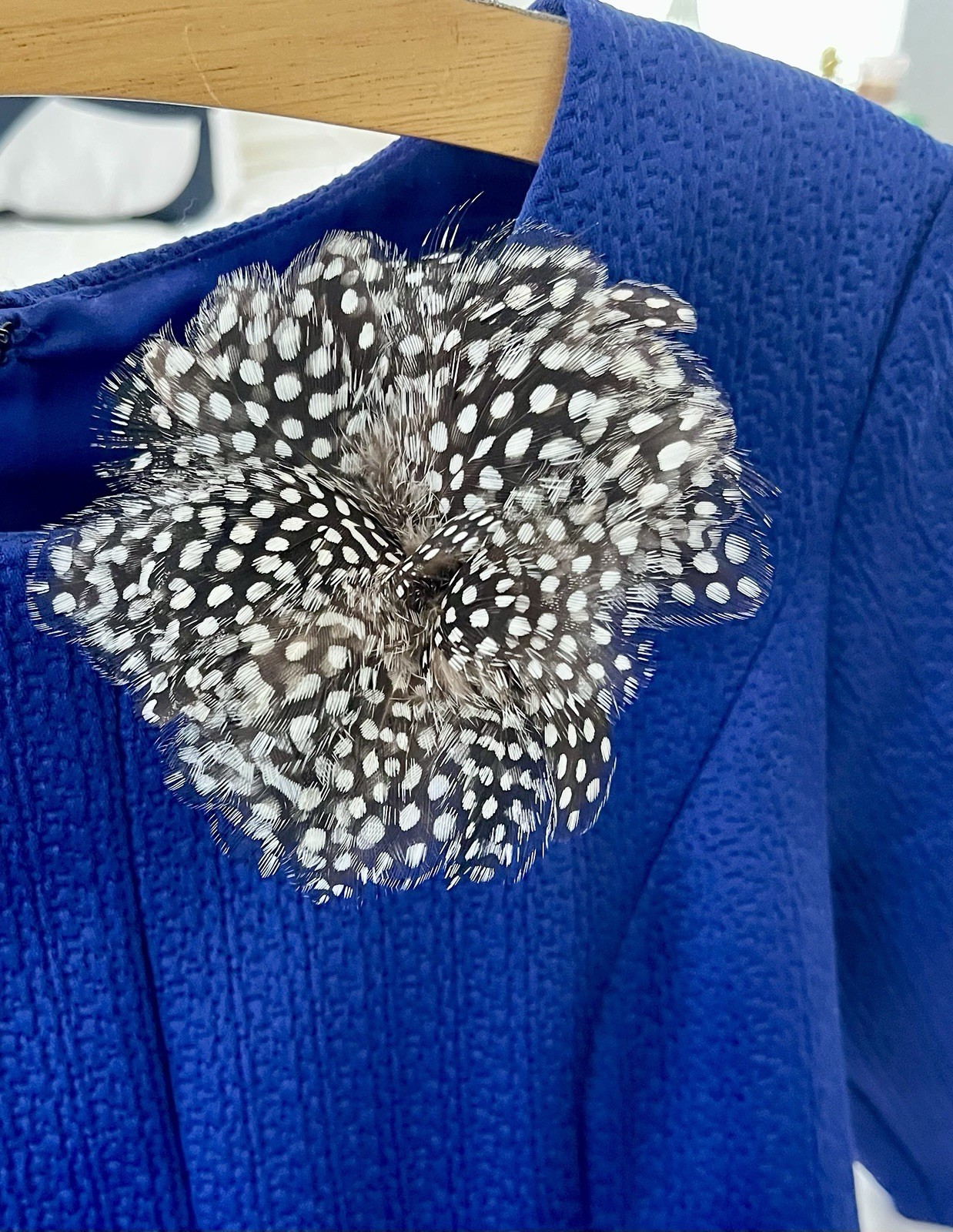 Karin’s Garden Stamped Hens Fowl Black/White Feather & Velvet Flower Brooch