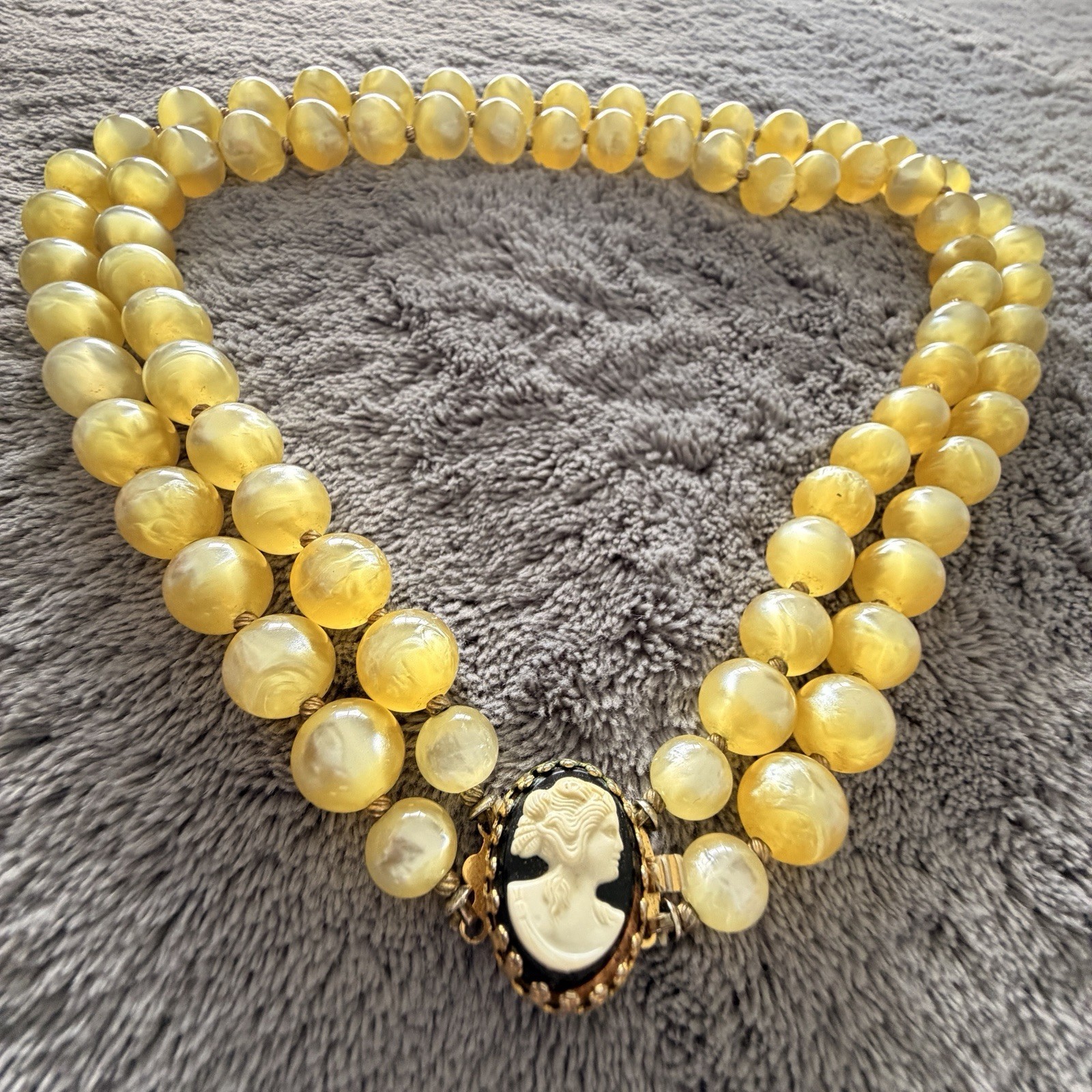 Cameo Necklace Butterscotch Vintage 1950s Yellow Lucite Double Strand