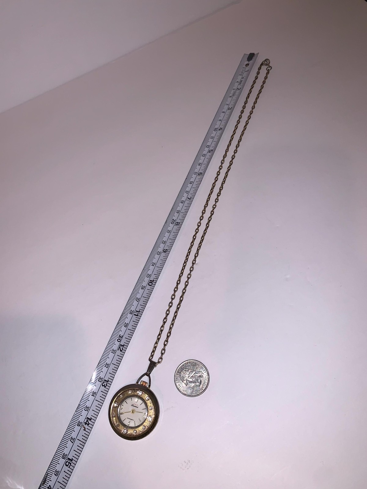 Vintage Lucerne Necklace Watch Gold Toned With Clear Rhinestone Not sure if work
