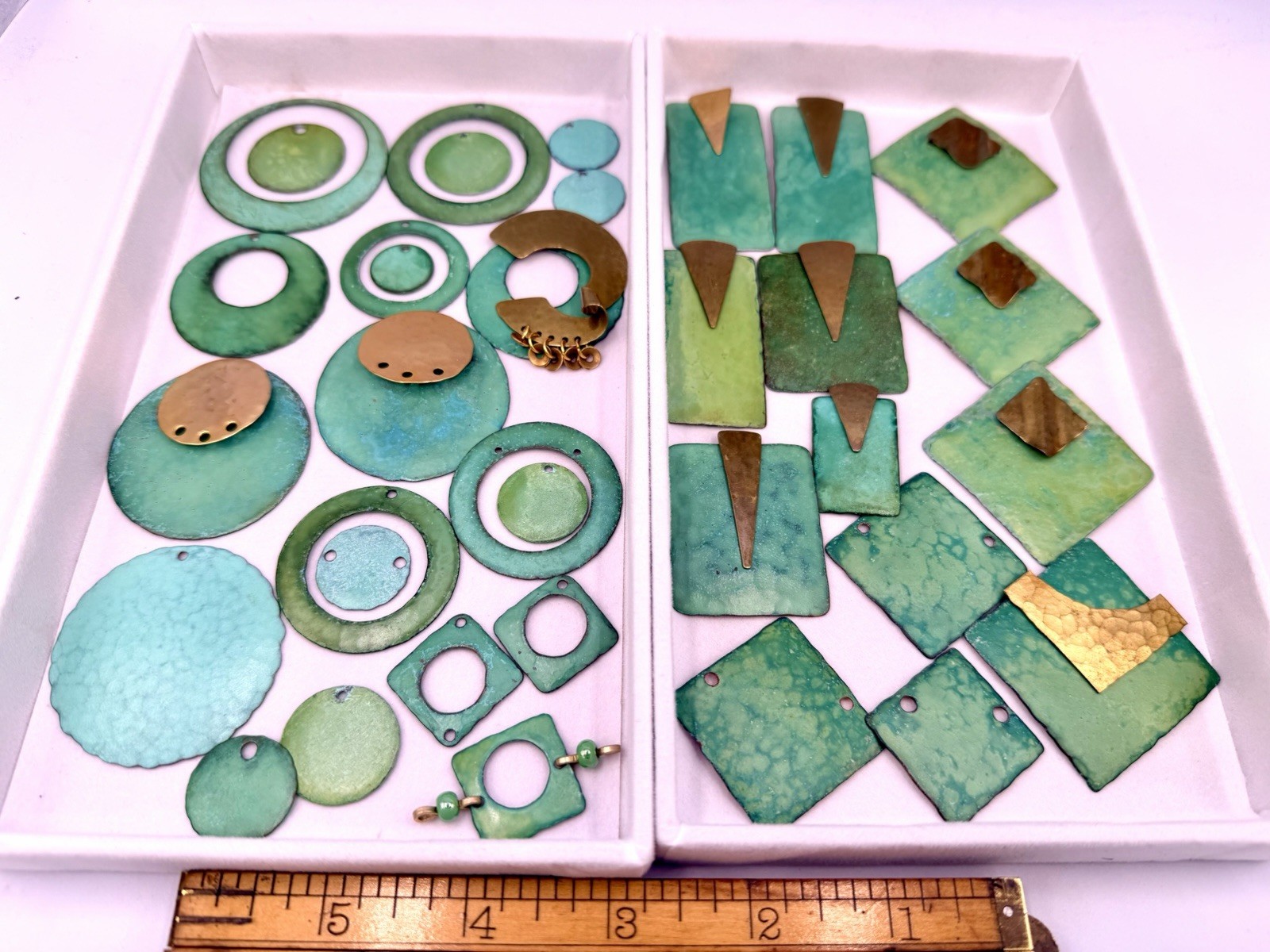 34 Pcs Vintage Handmade Hammered Brass Copper Layered Enamel Green Findings