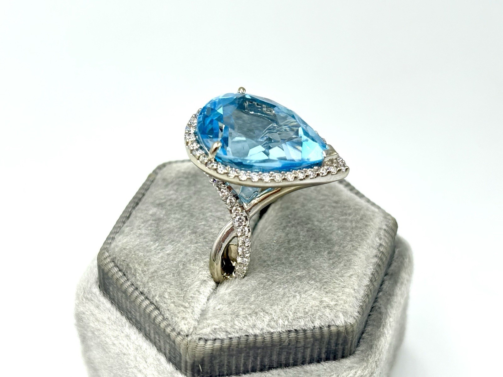 14K White Gold Pear Shape Blue Topaz Diamond Halo Ring