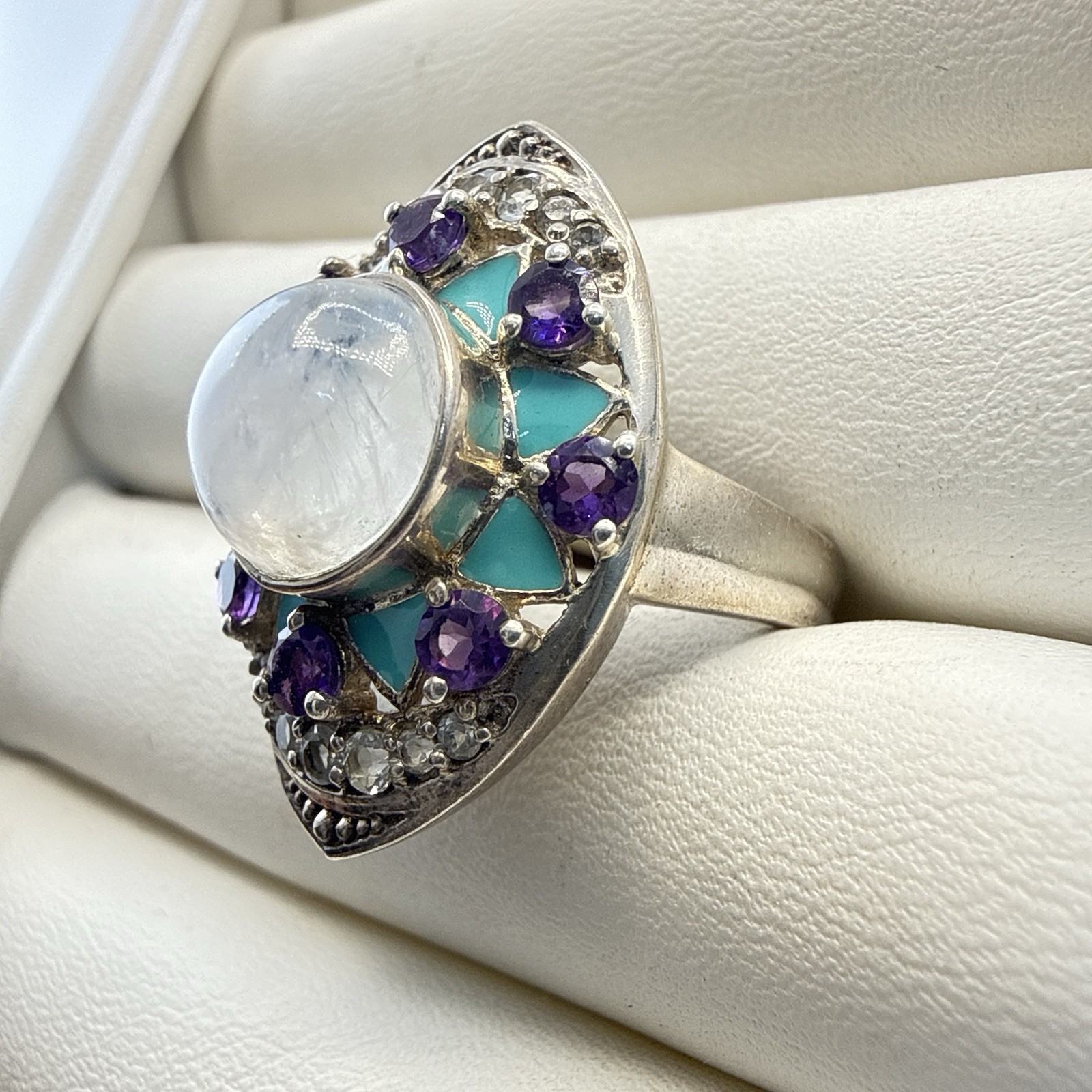 Nicky Butler Ring Amethyst Moonstone Enamel Sterling Silver sz 9 Blue Purple 925