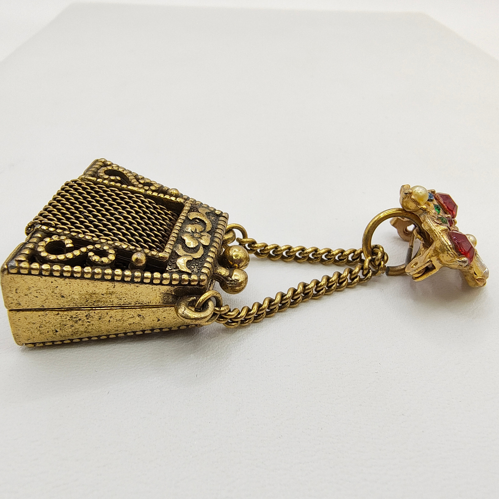 Vintage Purse Pill Box Brooch Pin Gold Tone Chatelaine Multicolor Rhinestone