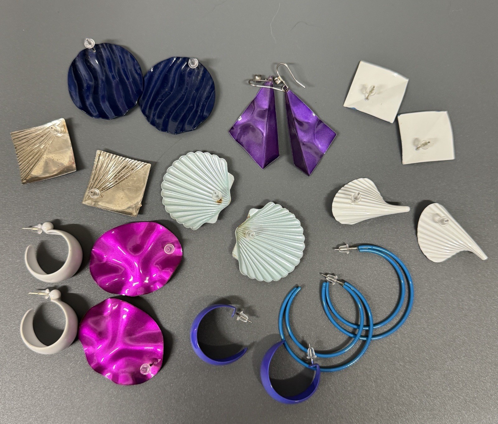 Vintage Metal Enameled Post Earrings Lot Of 10 White Purple Pink Blue Hoops