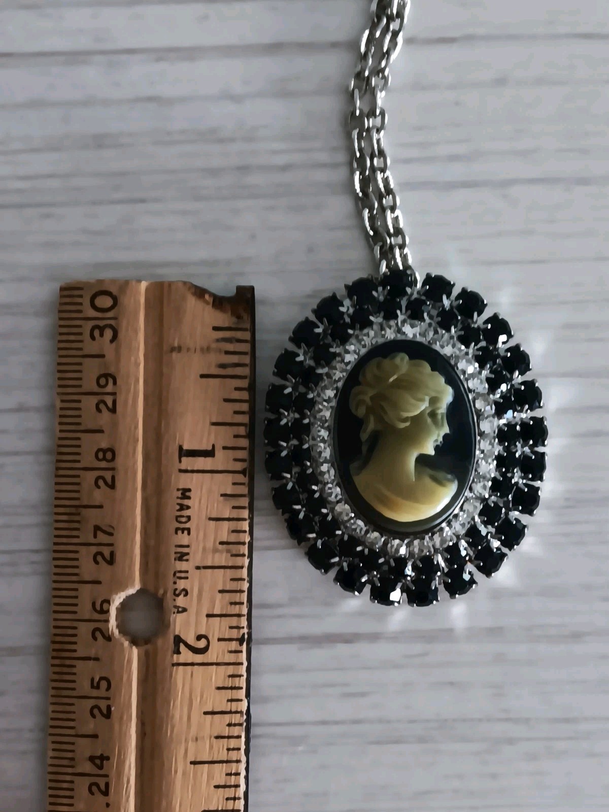 Vintage Park Lane Black & Clear Rhinestone Faux Cameo Set Brooch Ring & Earrings