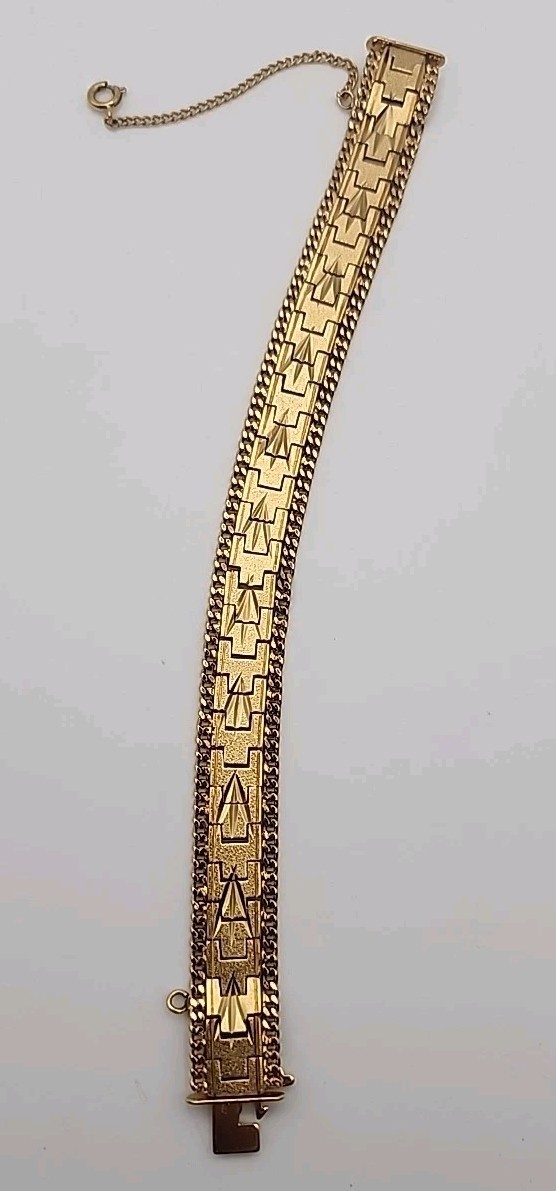 Vintage Brushed Gold Tone Articulated Link 7.25″ Bracelet With Safety Chain Gift