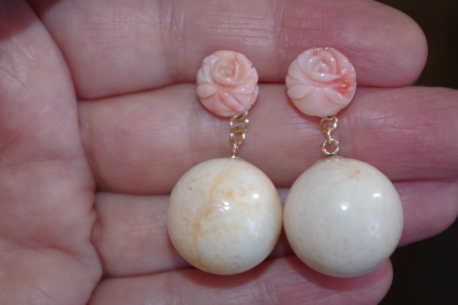 ANTIQUE 14K GF ANGEL SKIN CORAL BALL 17.5 MM CORAL JACKET DROP EARRINGS JACKETS