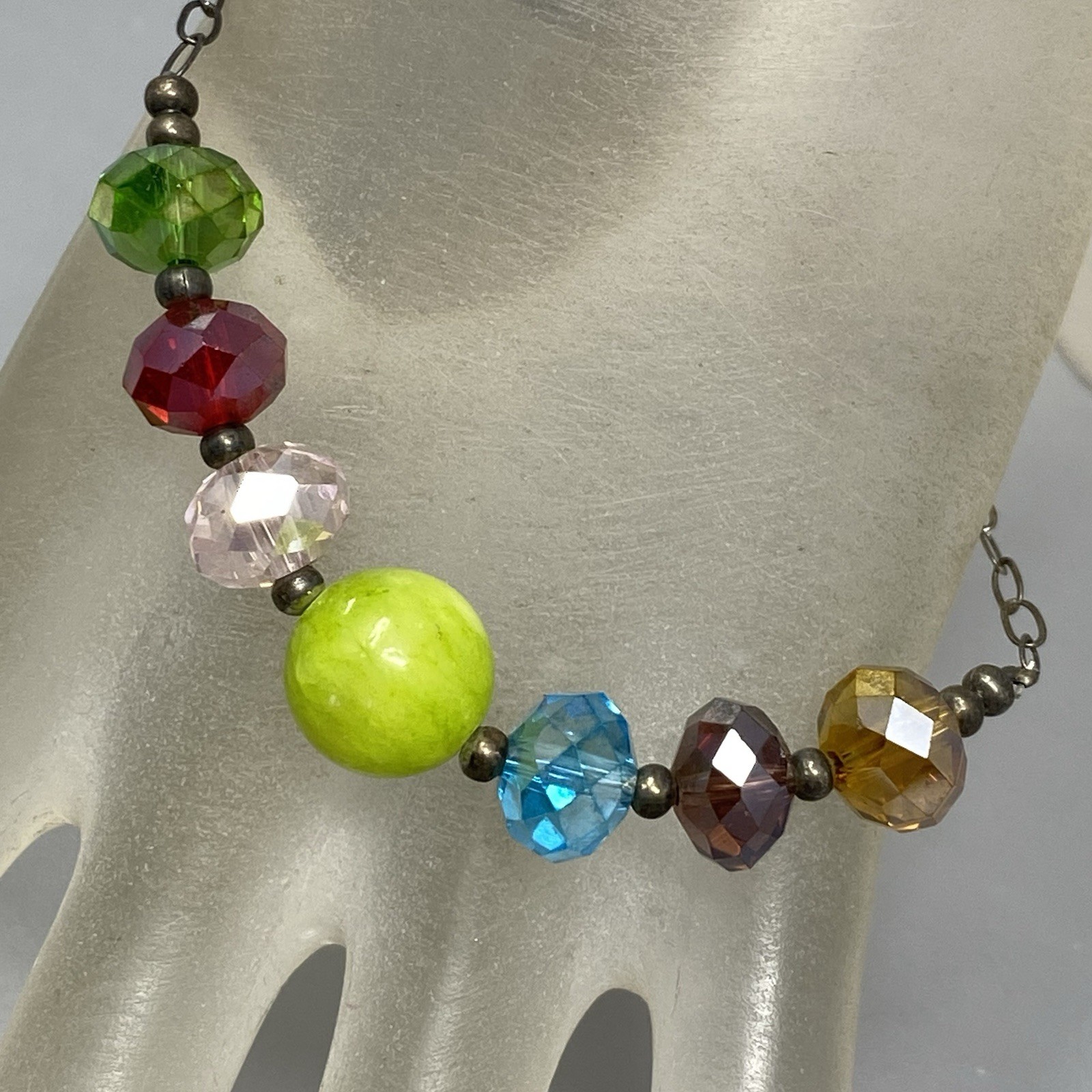Glass Bead Bracelet Sterling Silver Chain Links Rainbow Faceted Fire Polished 7″