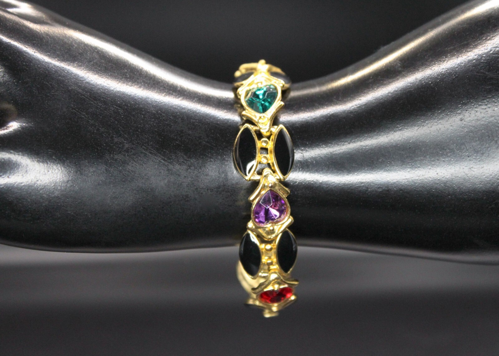 Vintage ORENA of PARIS France Rhinestones Enamel Heart Link Bracelet Gold Tone