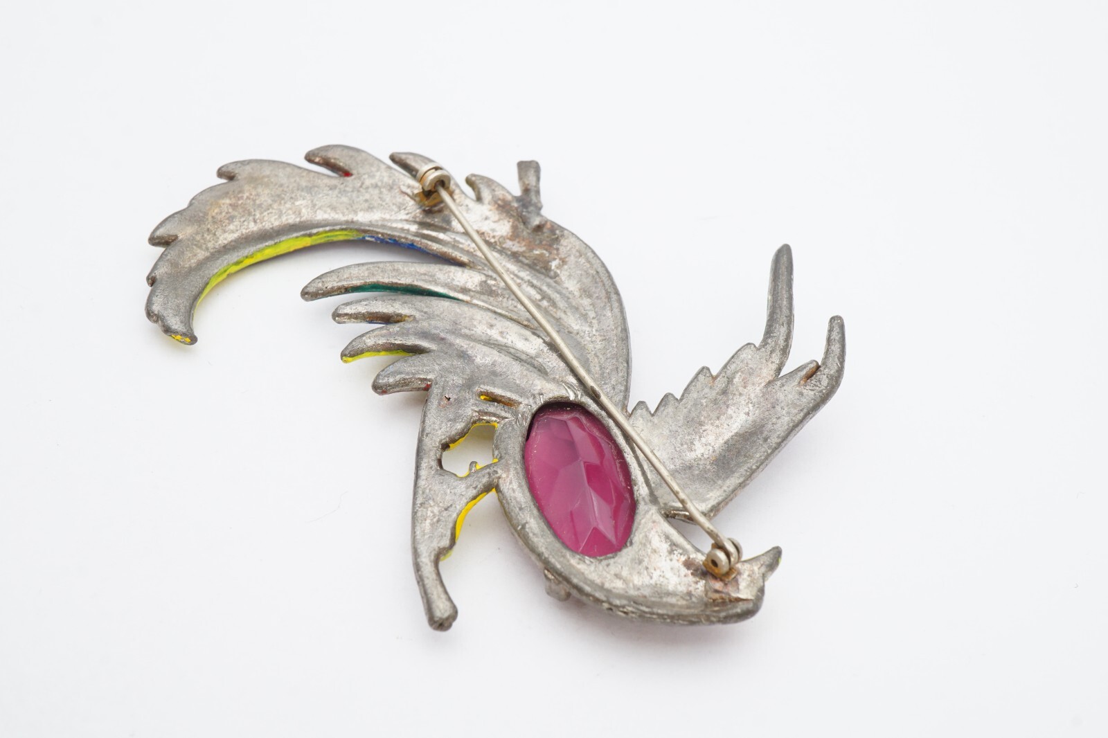 Vintage Brooch Pin Silver Tone Purple Rhinestone Enamel Peacock