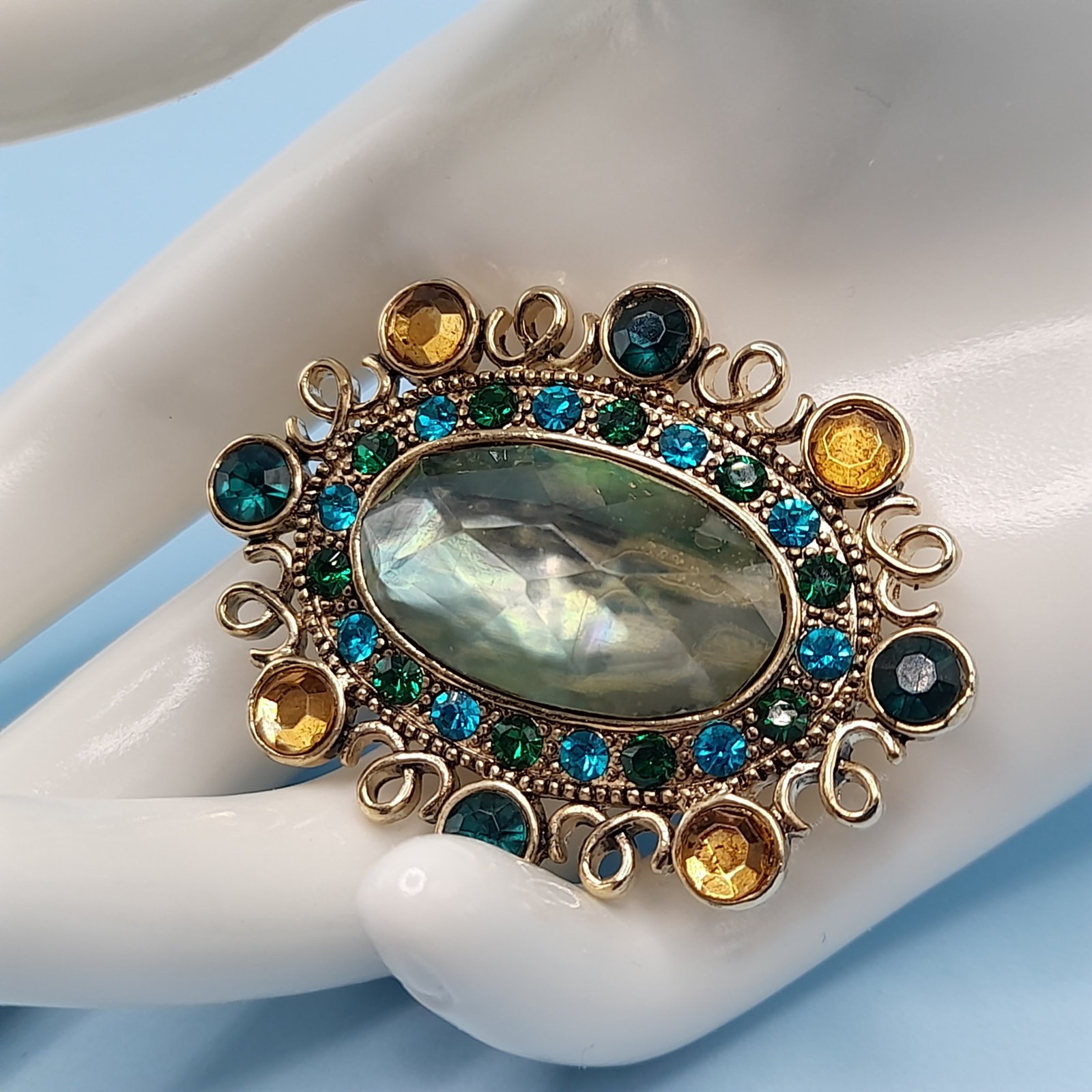 Vintage Monet Brooch, Light Green Teal Blue Accents, 1990s, 2 Inches