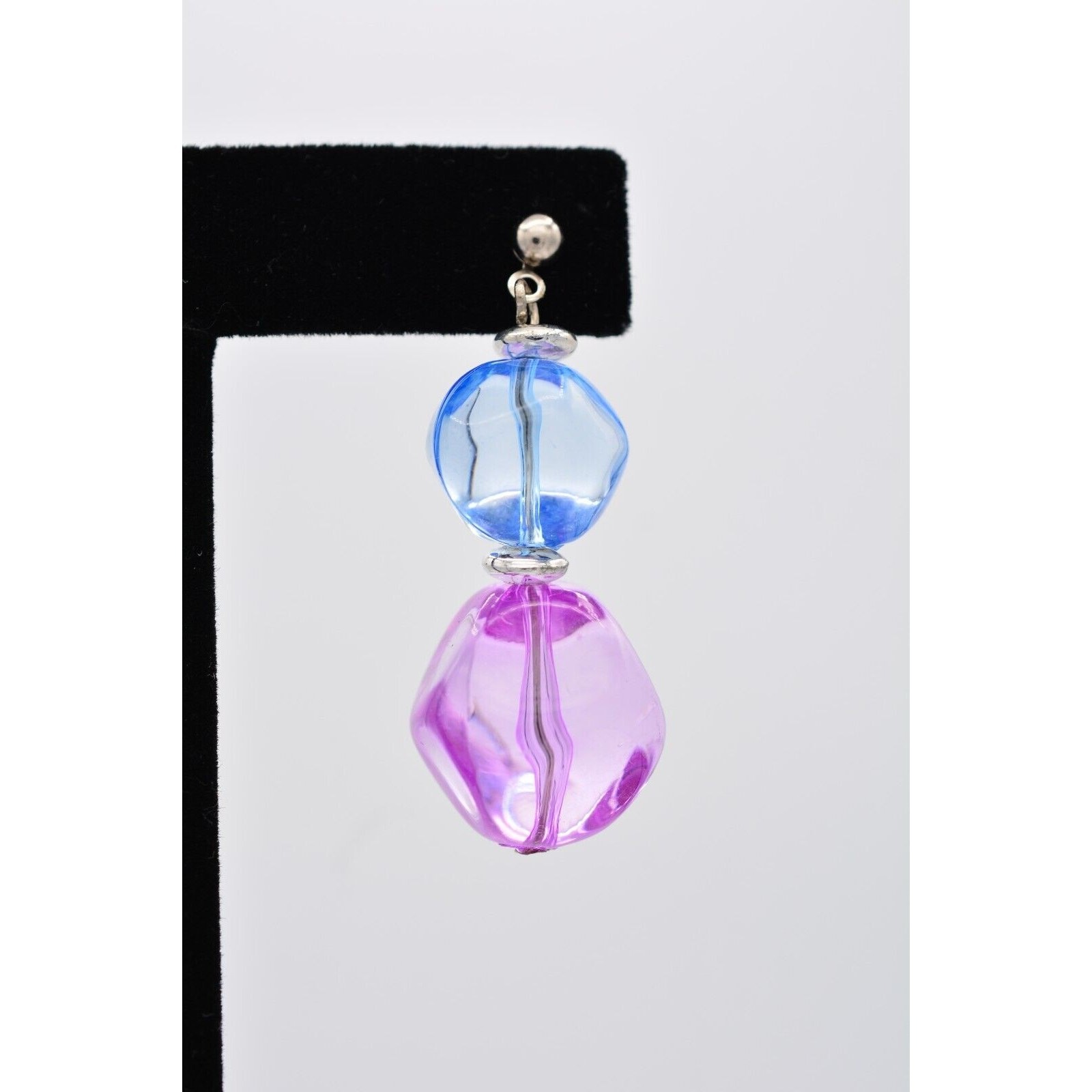 Vintage Lucite Beaded Dangle Earrings Blue Juicy Pink Drop Chunky Bright 80s W1