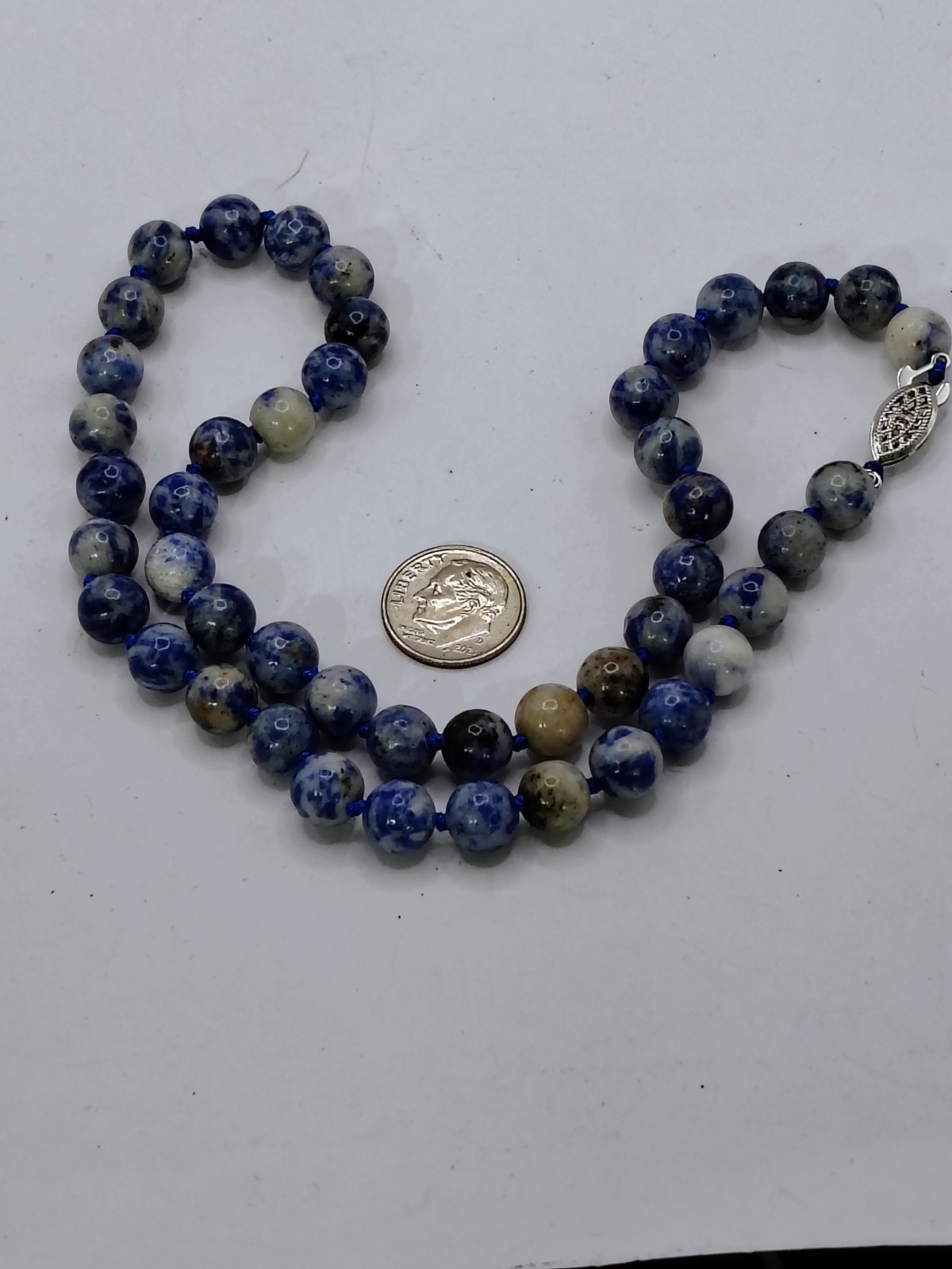 N605 Vintage Sodalite Blue White Gemstone Bead Necklace Hand Knotted 17” 8mm