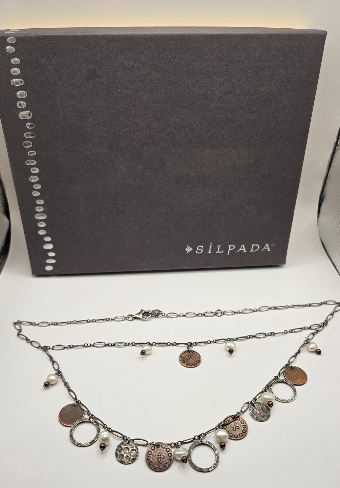 Vintage Sillada Pearl Bronze Coin Necklace 925 Sterling Silver Multi Layer