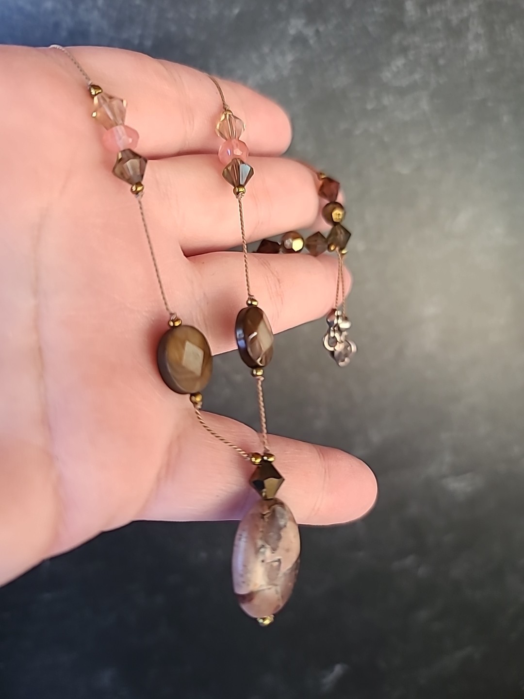 925 Sterling Rhodochrosite, Jasper & Bronzite Beaded Station Pendant Necklace