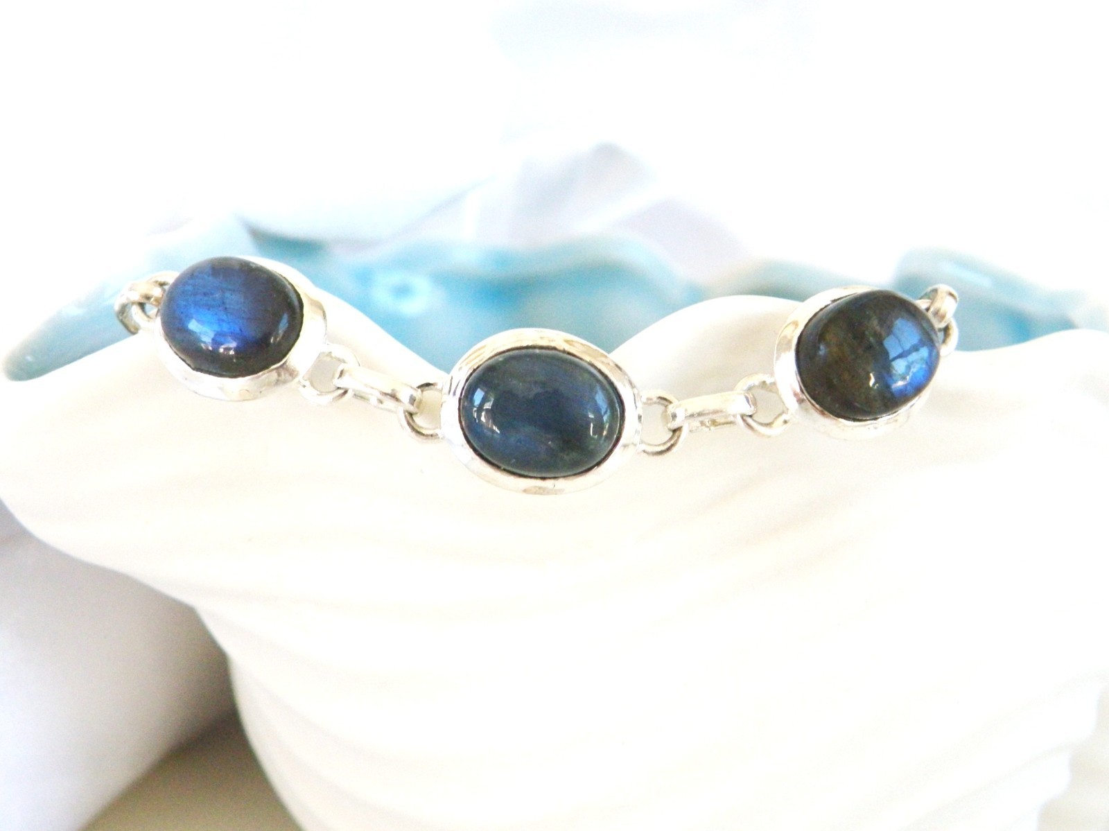 Vintage Sterling Silver 925 Labradorite Tennis Link Adjustable Station Bracelet