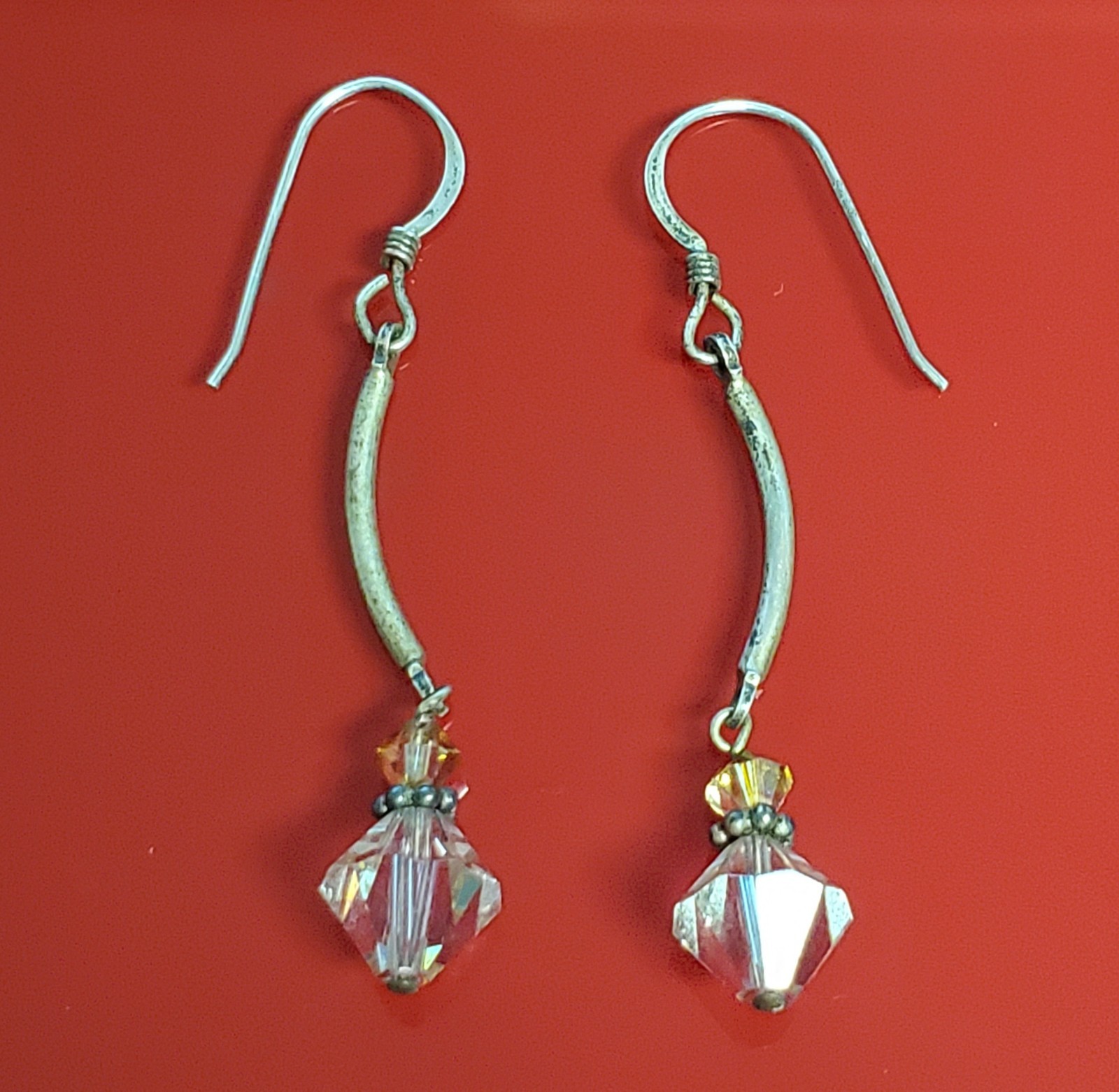 925 Crystal Drop Earrings 1.75in Sterling Silver 2g Aqua Blue Amber Tone Bicone