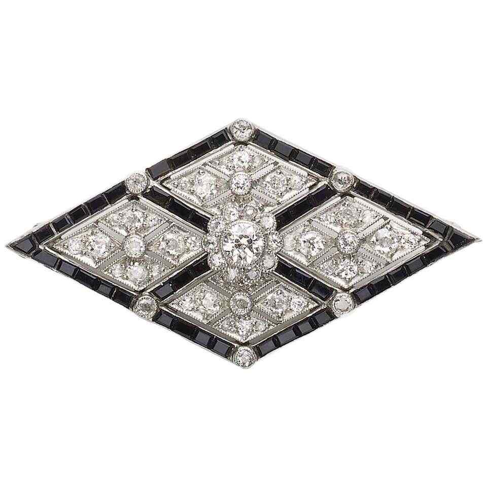 One Of A Kind Lozenge Shape Vintage Brooch With Black Shiny Onyx & Pure White CZ