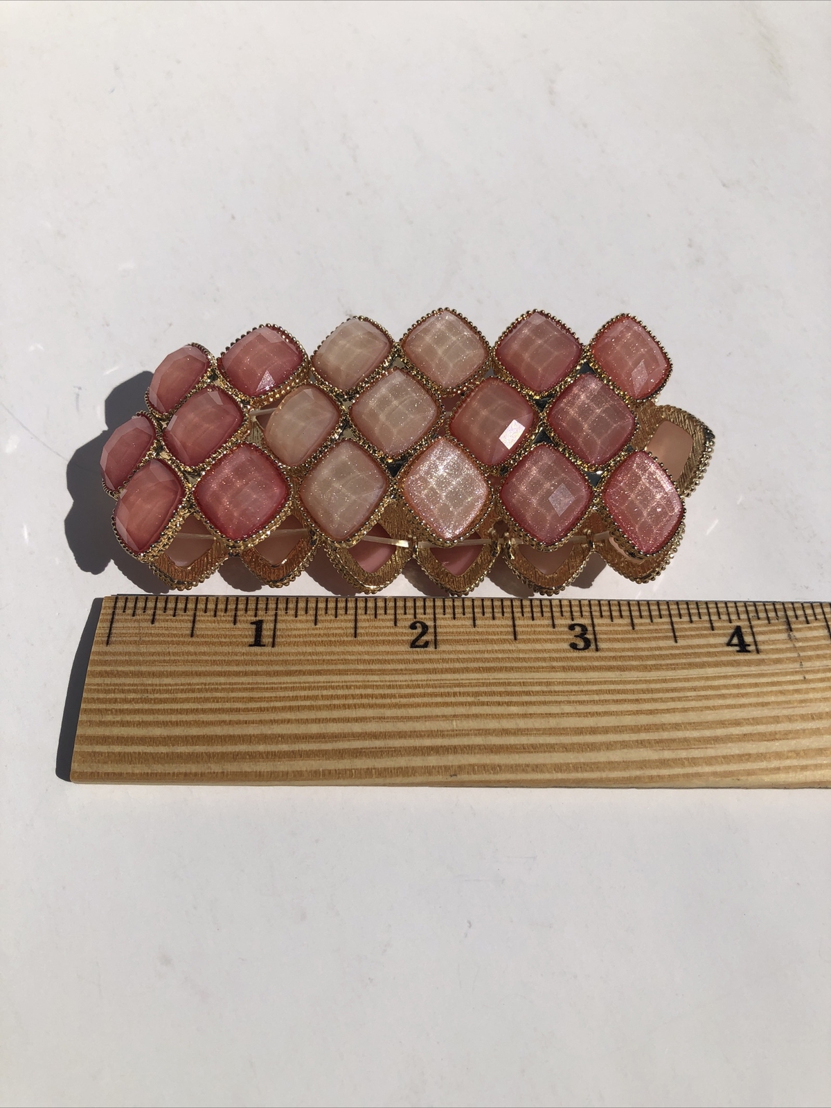 Pink Stone Stretch Cuff Bracelet Gold Tone Statement Piece Costume Jewelry
