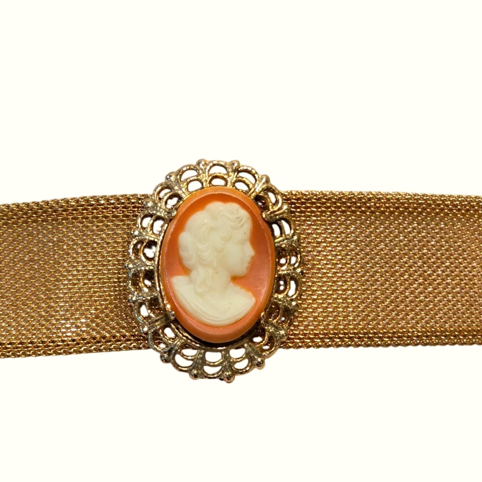 Vintage Coro Cameo choker necklace Gold Tone Mesh Lady Portrait Filigree Estate