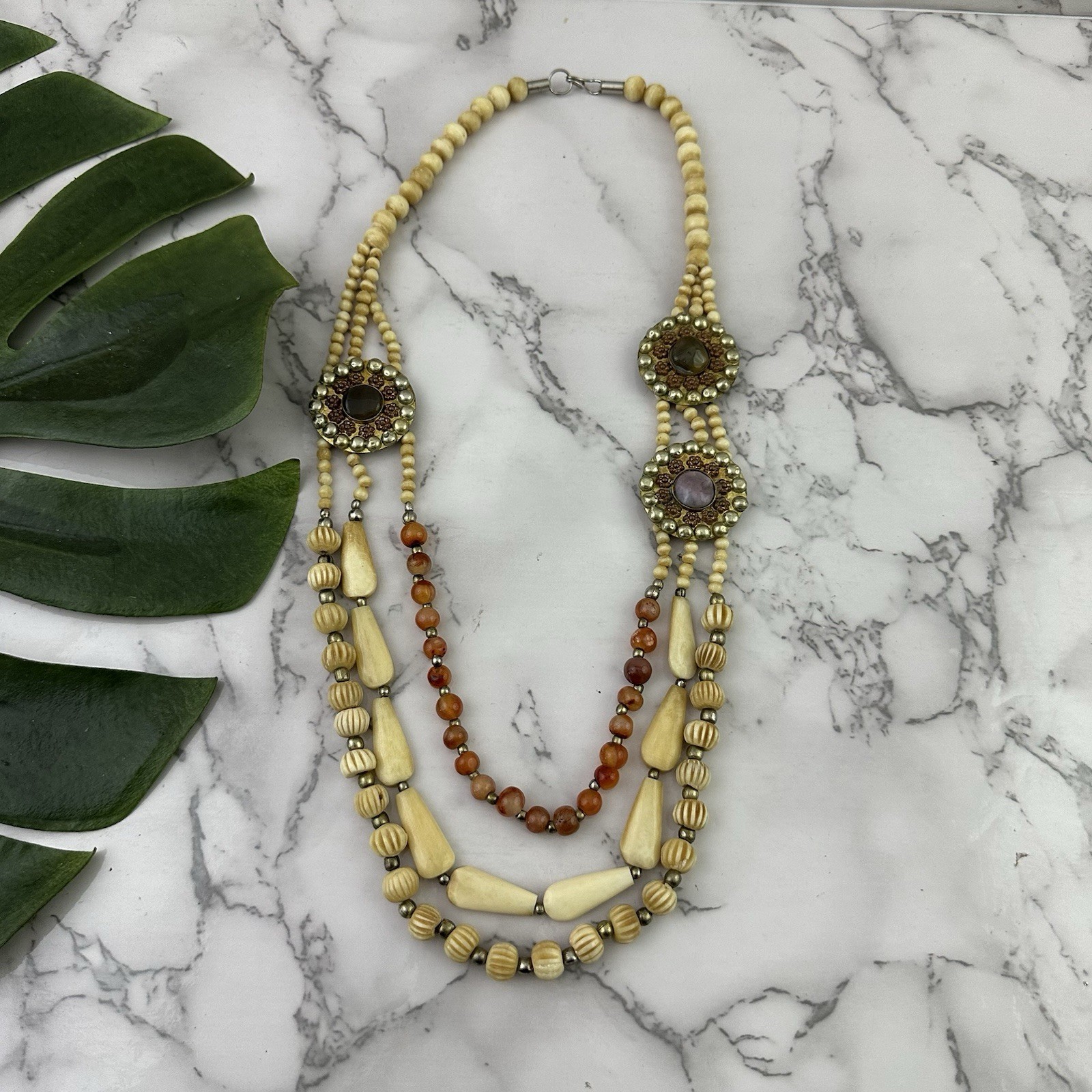 Vintage 70s Boho Layered Beaded Necklace Cream Orange Medallion Whimsygoth