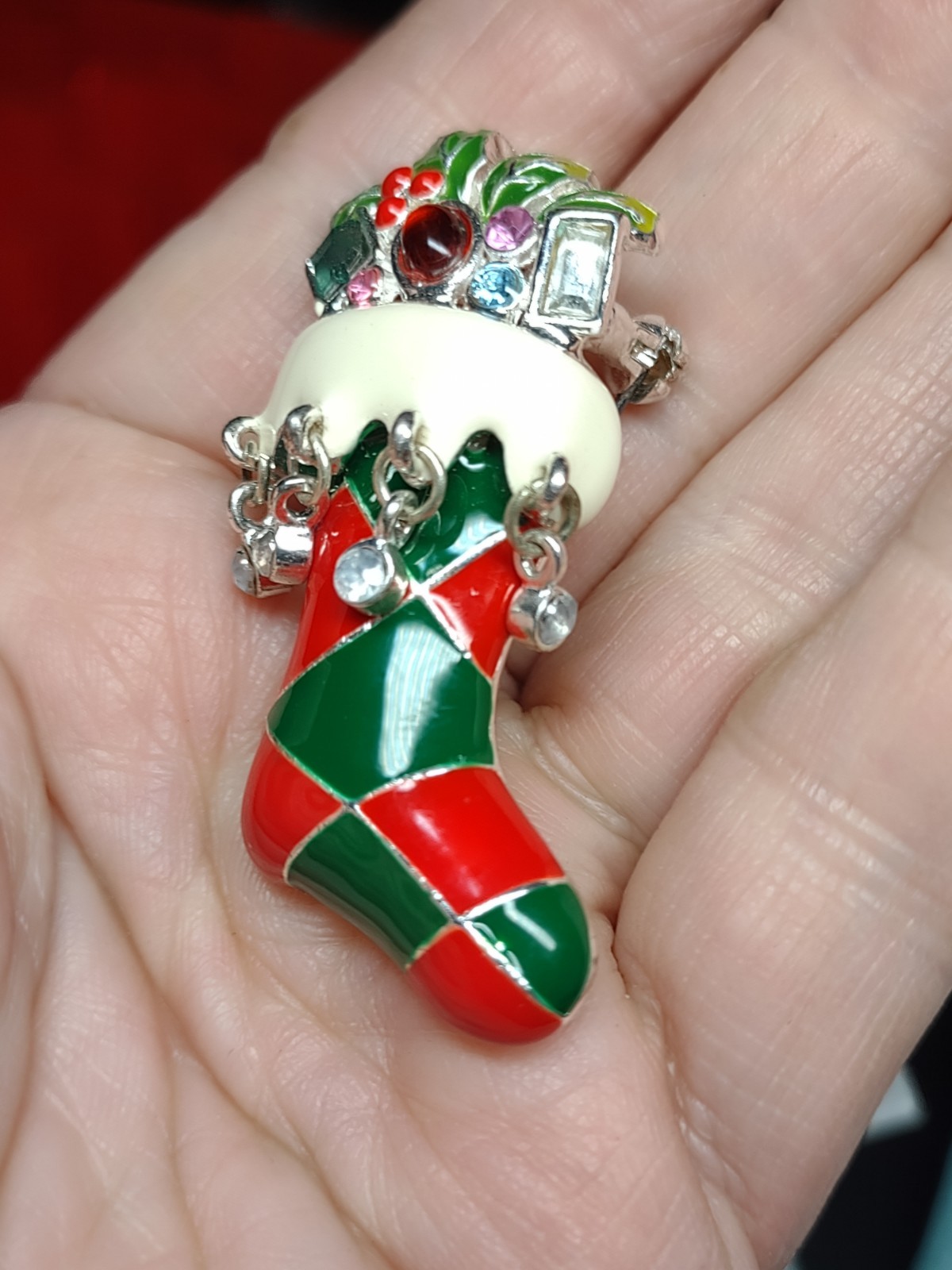 Bejeweled Christmas Stocking Brooch Pin Dangles Enamel Pendant Too