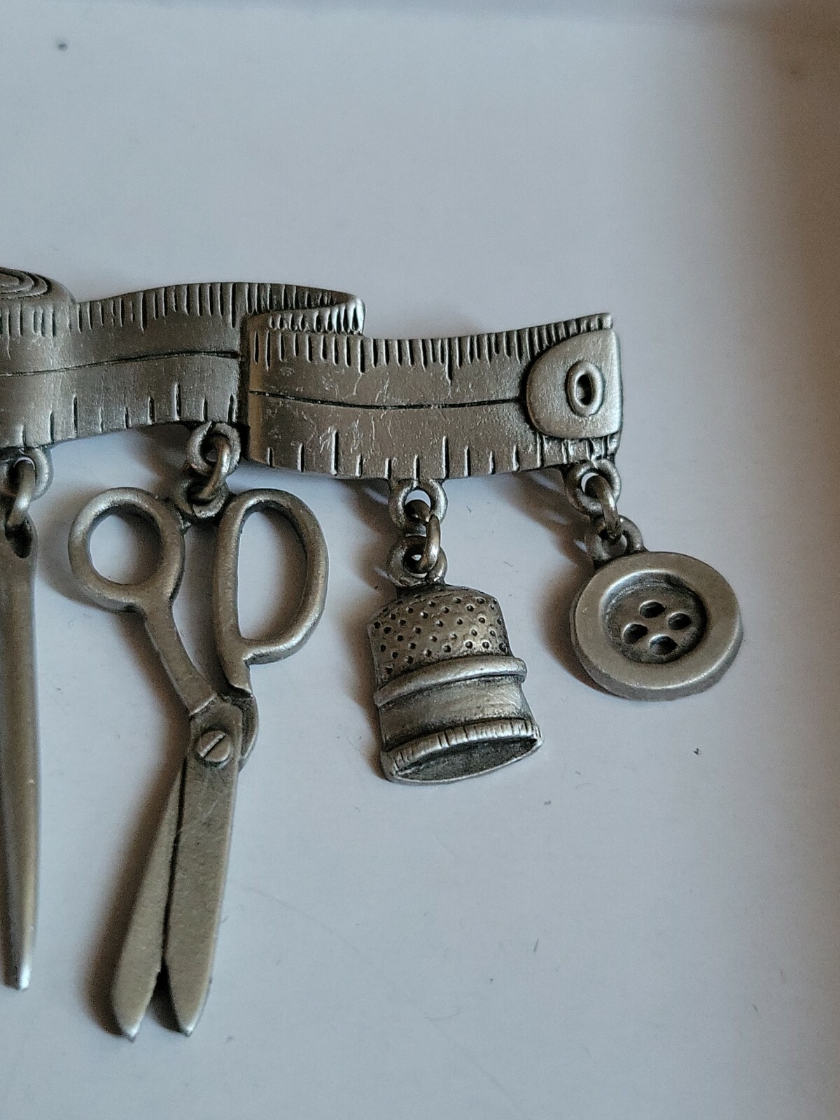 Vintage JJ Measuring Tape Brooch Pin Dangling Notions Silver Tone