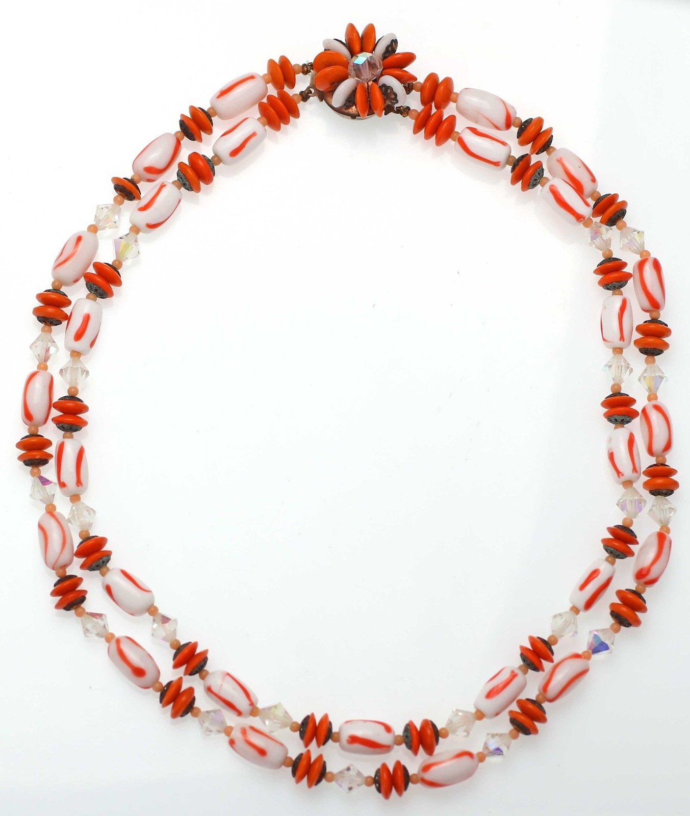 1950s Vintage Layered Necklace Orange White Stripe Glass Beads Crystal Halloween