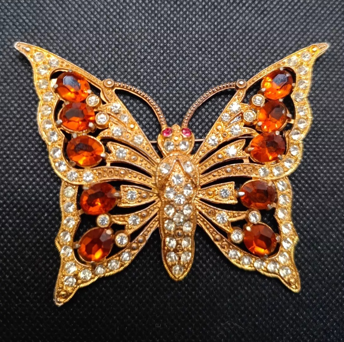 Vintage Large Butterfly Brooch 3″ Gold Tone& Crystal Unsigned