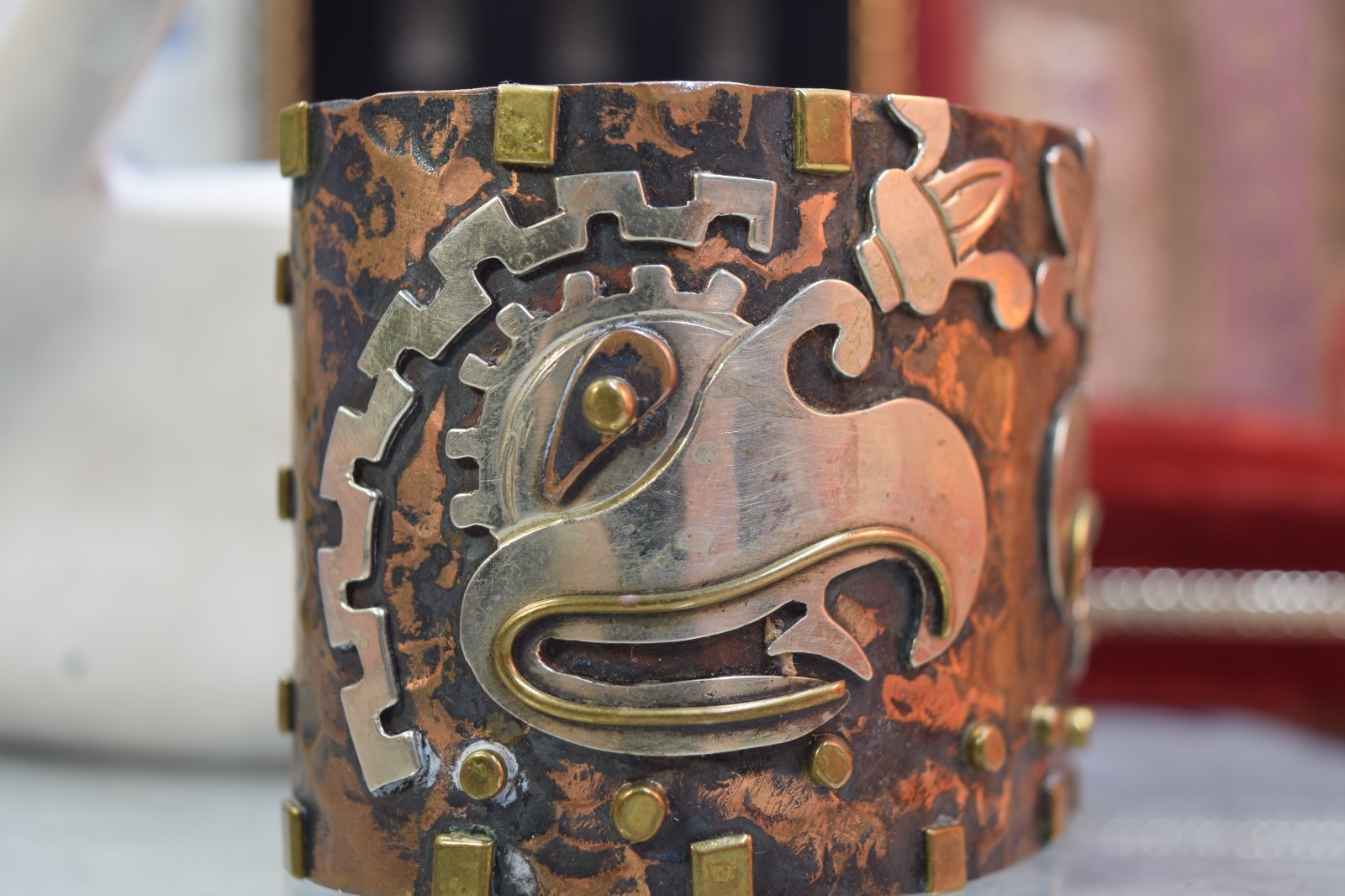Vintage Mexico Mixed Metal Huge Aztec Bracelet Sterling Copper Brass 8″