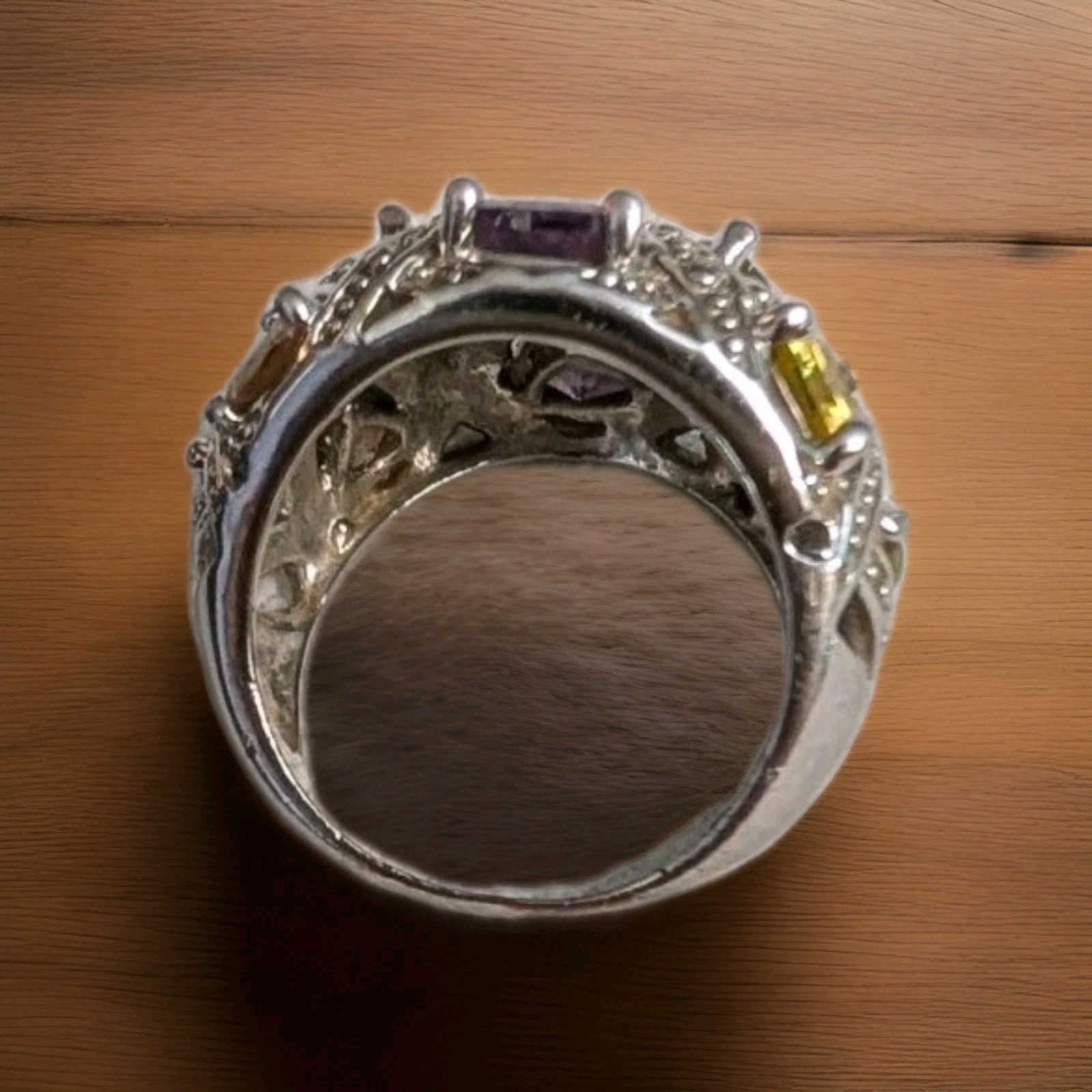 Sterling Silver Ring 925 Olivine+Amethyst+Citrine+Champagne Cubic Zirconia Sz 6