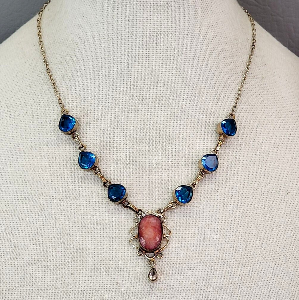 Vintage Glass Bead Necklace Blue Beads Pink Quartz Artisan Silver Tone 18.75″