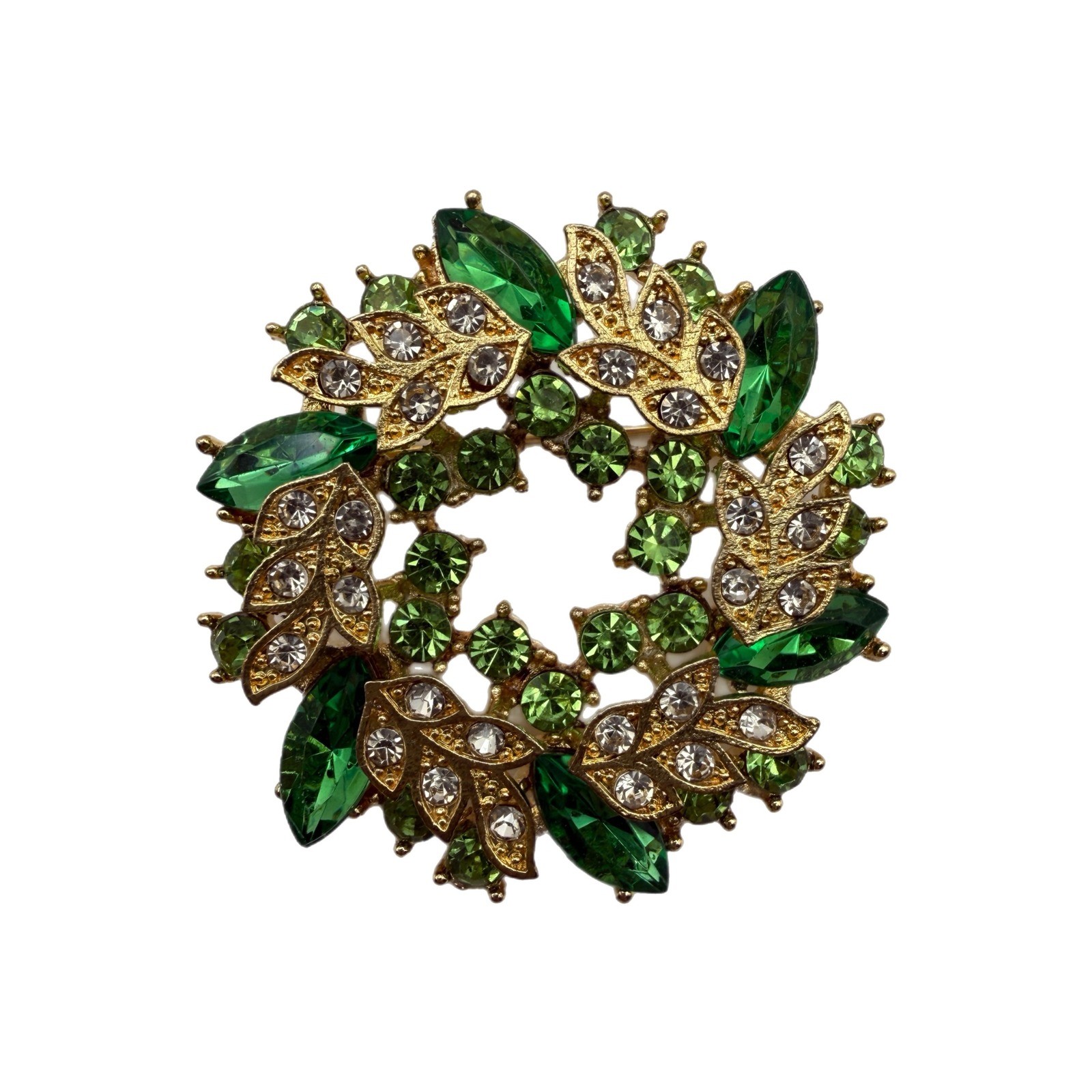 Gold Tone Green Rhinestone Wreath Brooch Pin Emerald Peridot Crystal