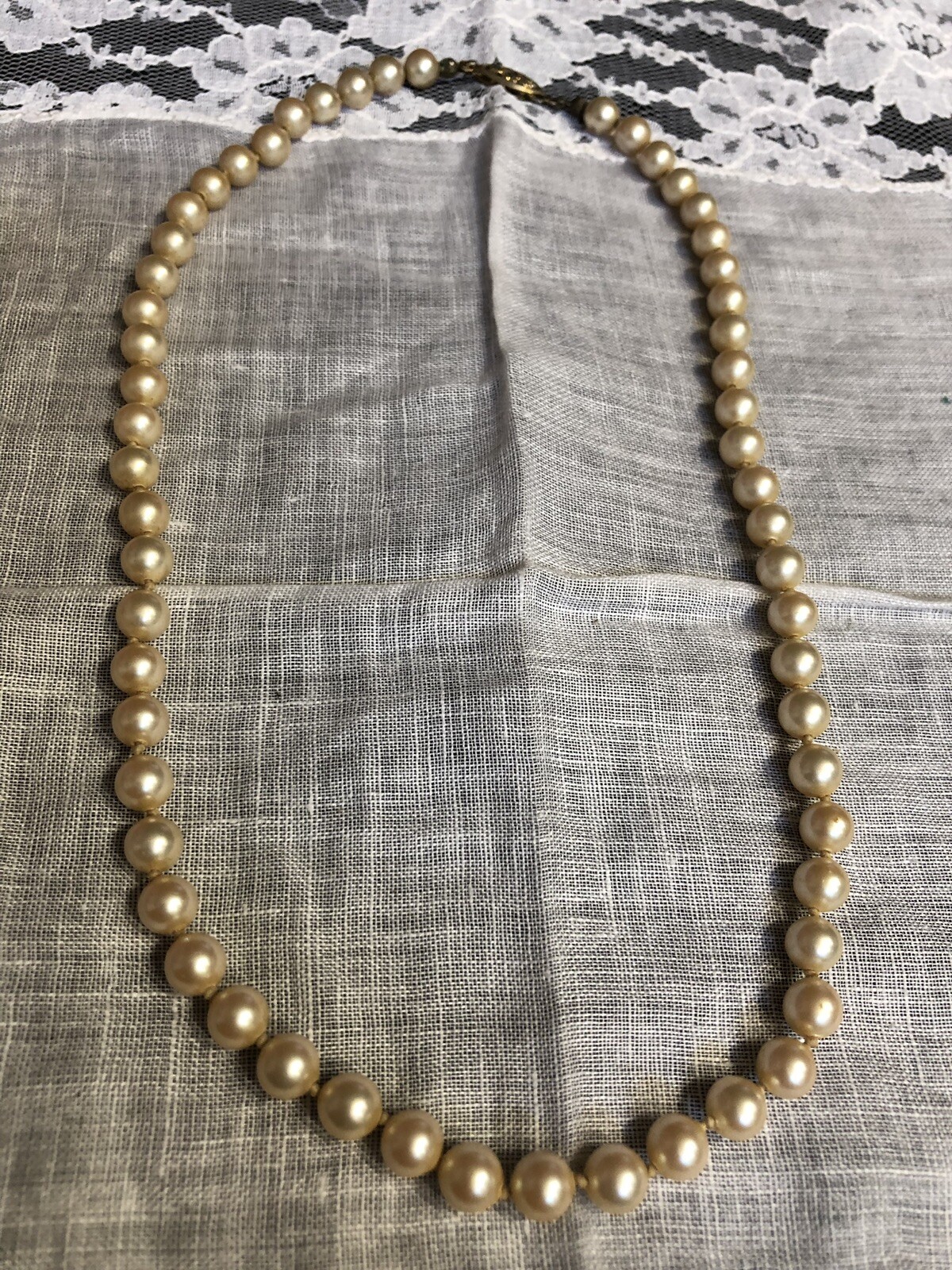 Vintage Signed Silver 17″ Wedding Faux Pearl Necklace Knotted Jewelry YT-42