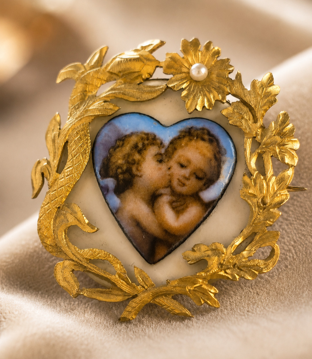 Antique 18K Gold Heart Brooch Angel Cherubs Pearl Enamel Mother of Pearl c1900