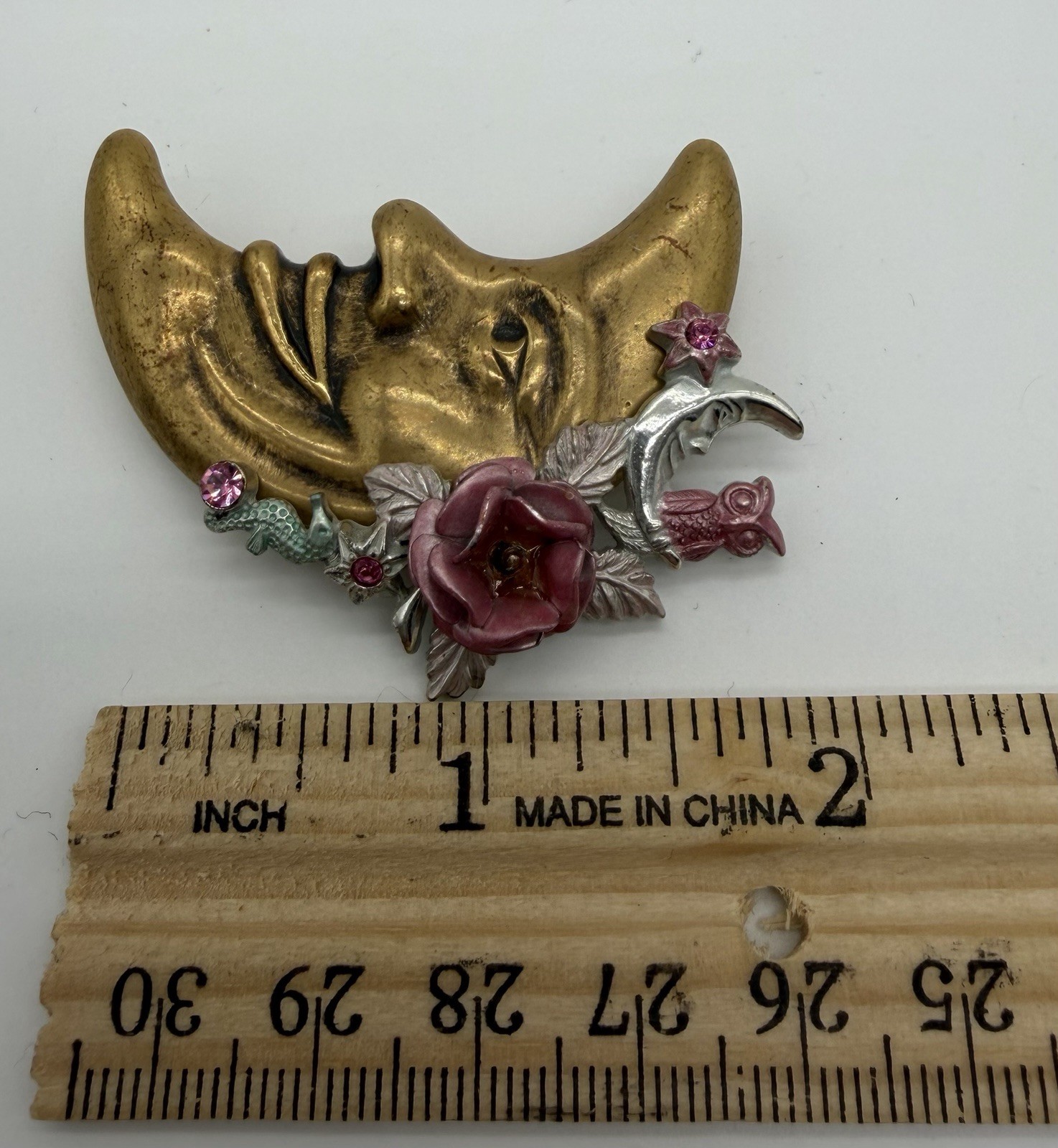 Vintage Crescent Moon Face Brooch Pink Rhinestones Owl Rose Seahorse Whimsical