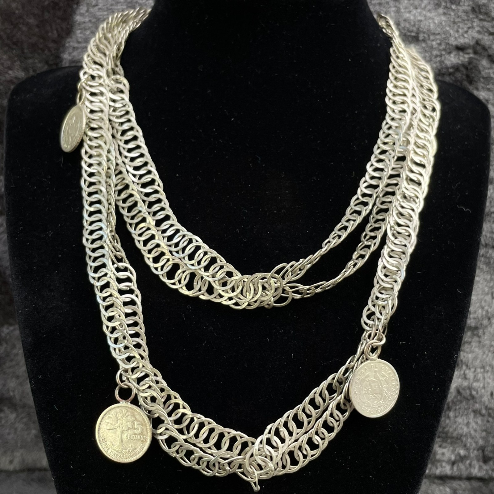 Vintage Silver Guatemala Coin Chachal Necklace 56 Grams 1920s