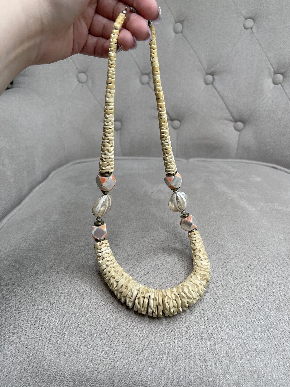 Vintage Mid Century Large Statement Necklace Chunky Boho Shell Hand Carved