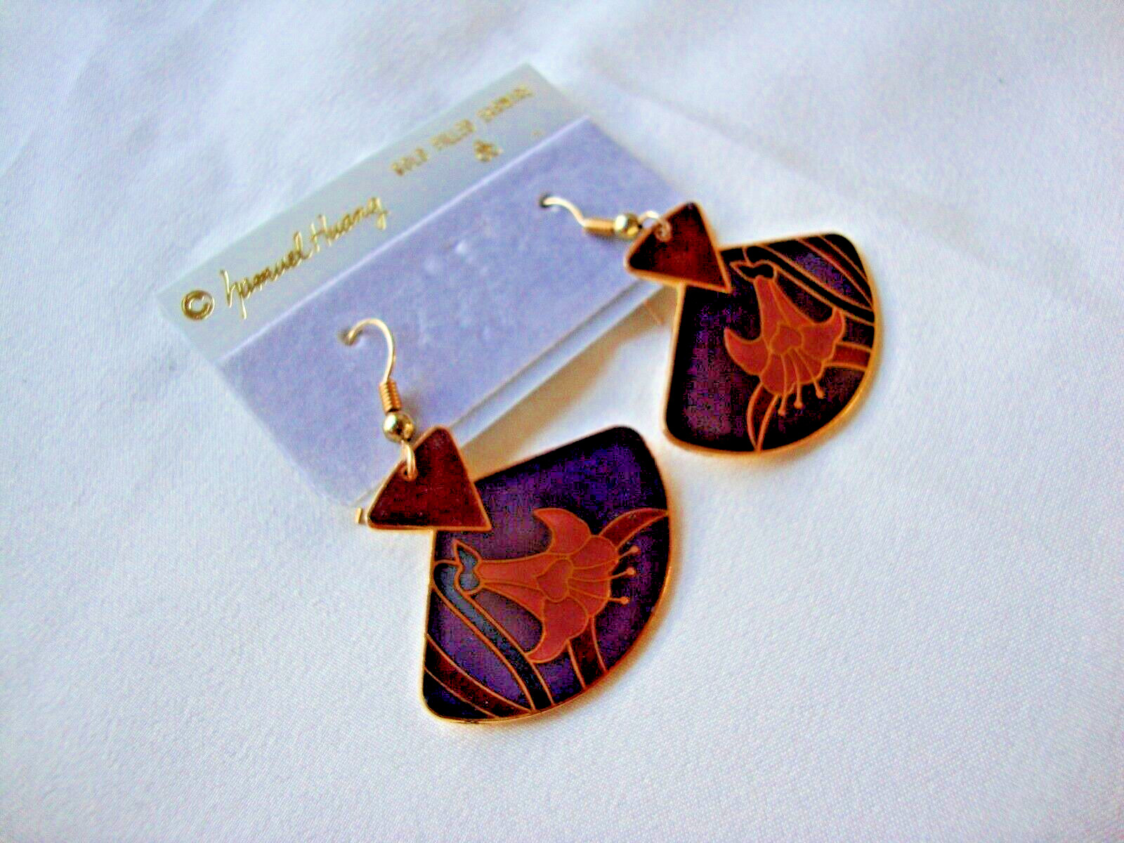 VINTAGE SAMUEL HUANG DESIGNER CLOISONNE LILLY PINK RED GREEN & PURPLE EARRINGS