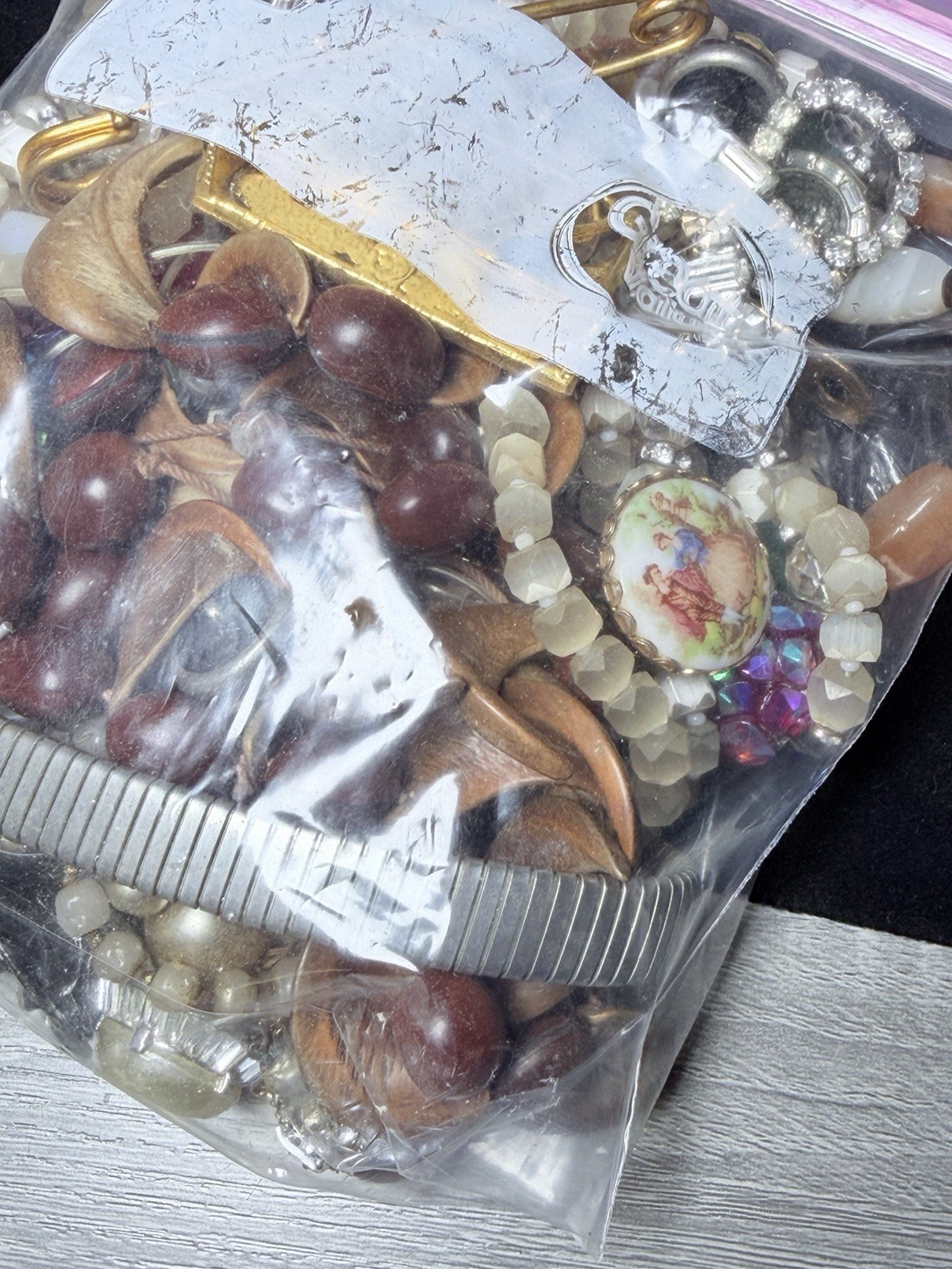 Vintage Mystery Jewelry Lot Boho Tumbled Stone Porcelain Repurpose Craft Upcycle