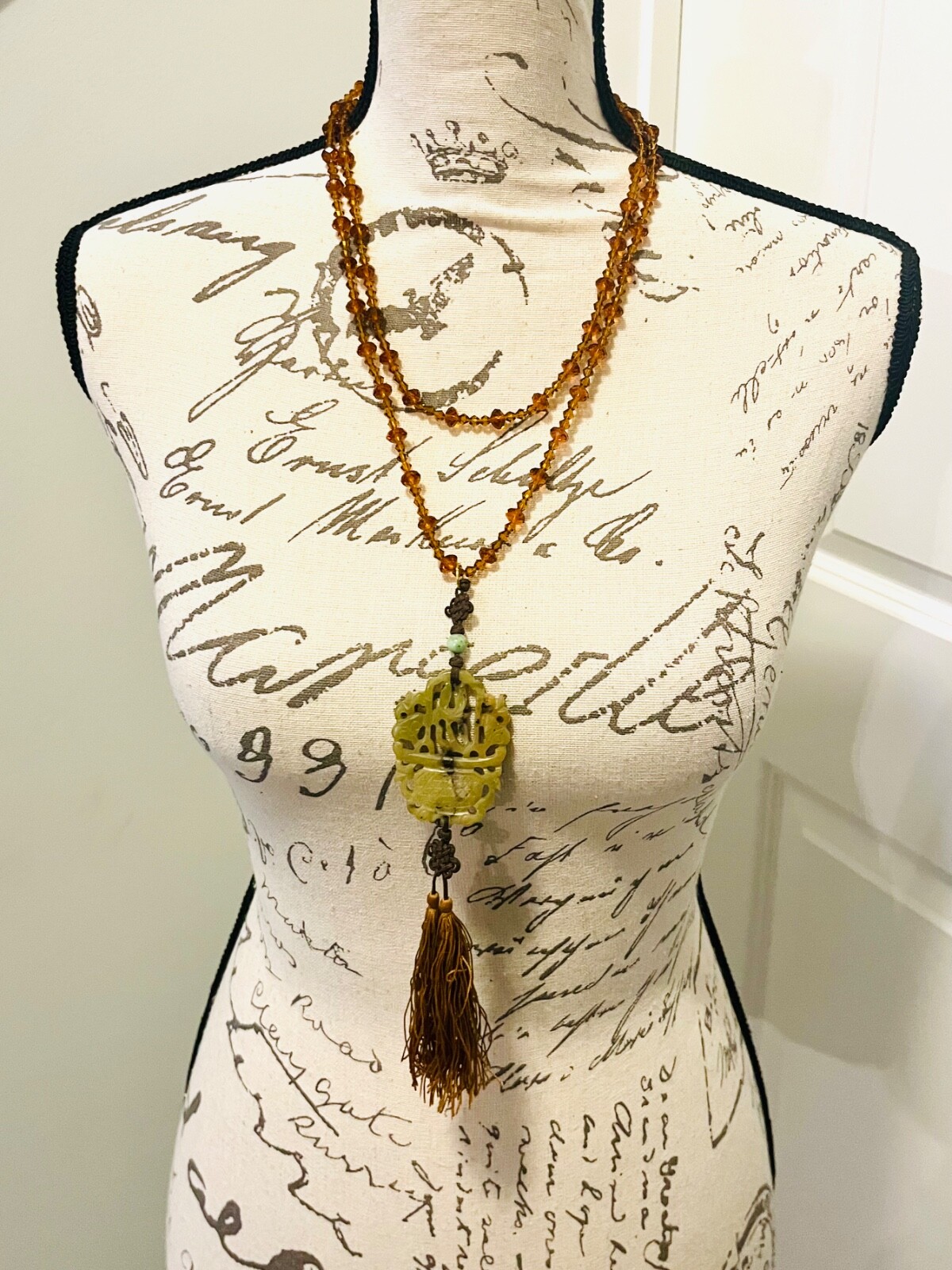 Vintage MCM Jade Pendant Necklace With Amber Glass Beads & Silk Tassel, STUNNING