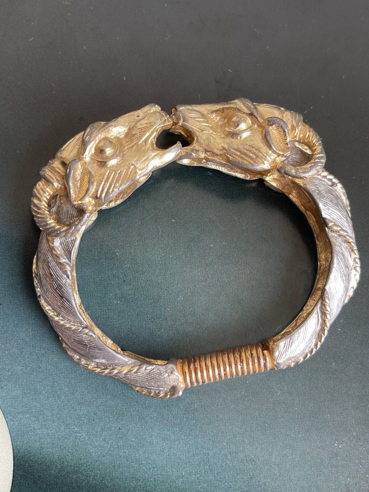 Vintage signed Donald Stannard double Ram head gold tone hinged clamper bracelet