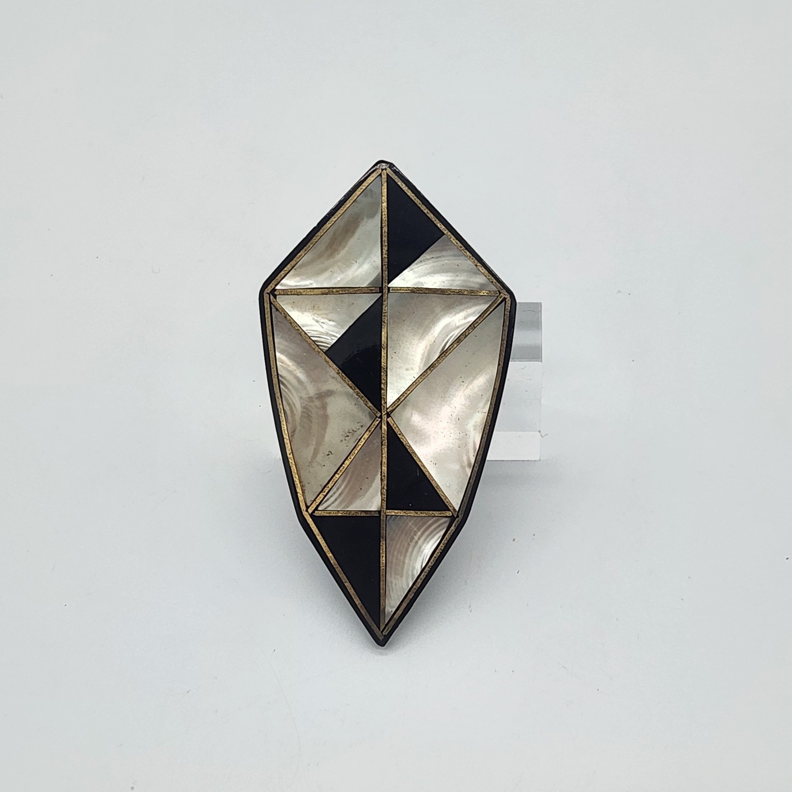 Vintage Faux Mother Of Pearl Faux Onyx Diamond Shaped Large Brooch