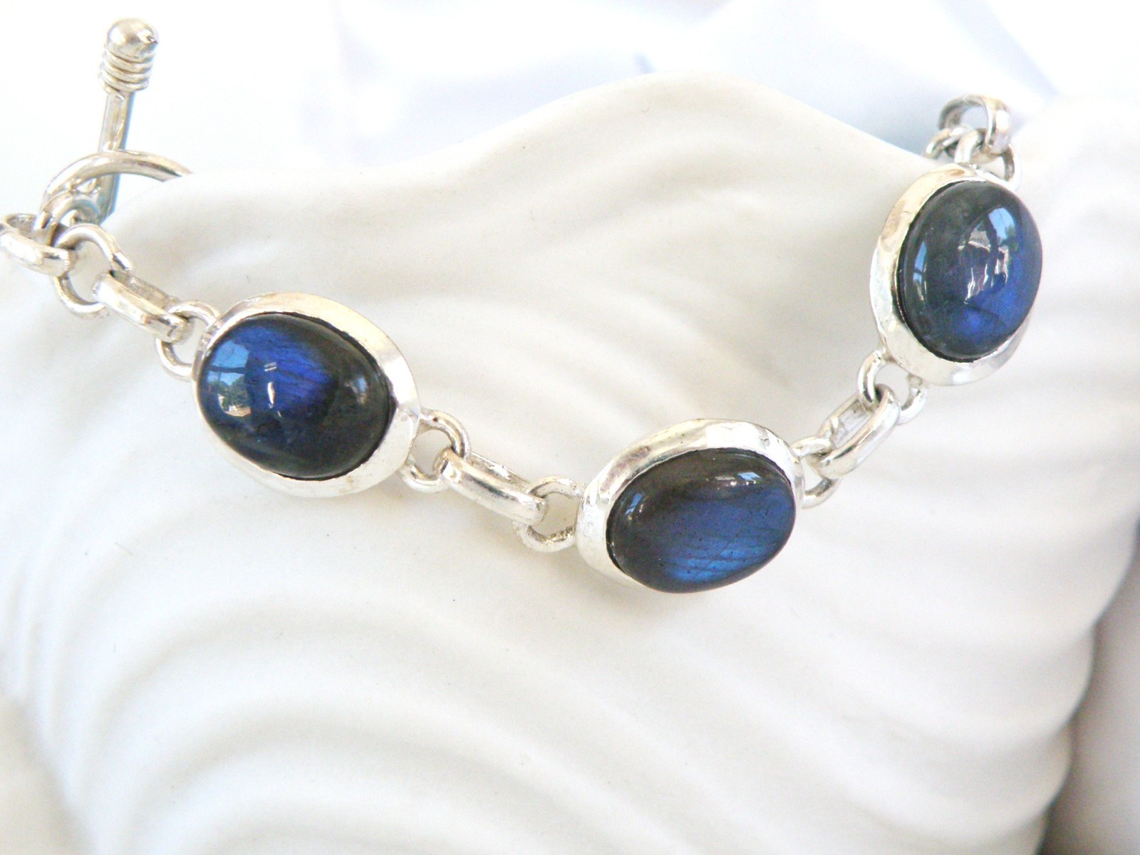Vintage Sterling Silver 925 Labradorite Tennis Link Adjustable Station Bracelet