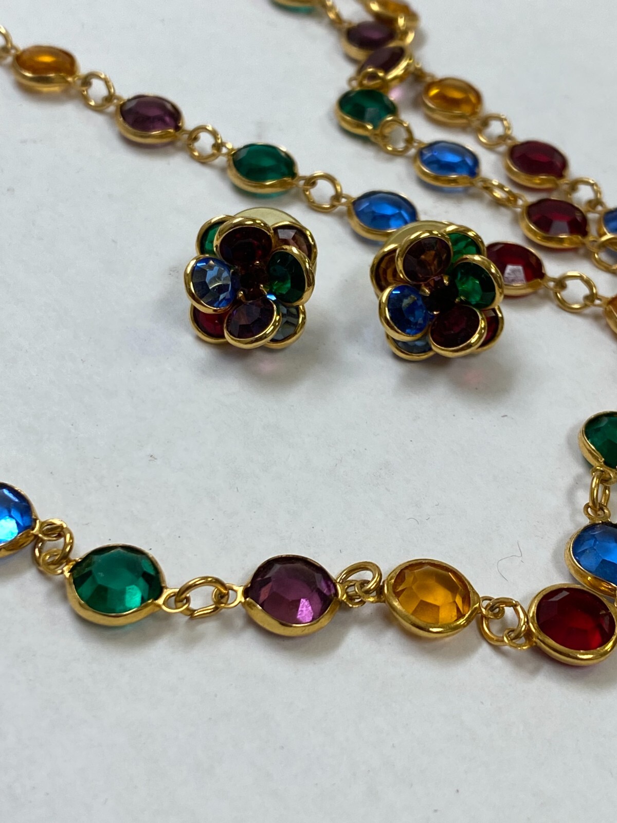 Austrian Crystal USA Vintage Necklace/Earrings Multicolor Open Bezel Gold Color